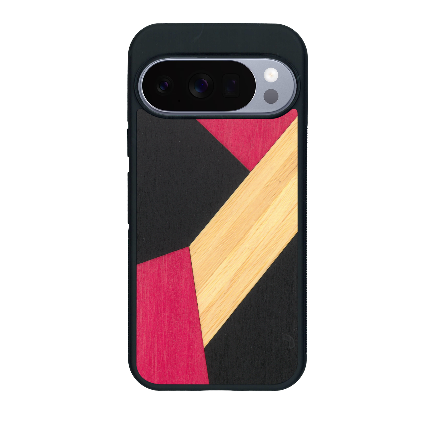 Coque de protection en bois véritable fabriquée en France pour Google Pixel 10 Pro XL alliant du bambou, du tulipier rose et noir en forme de mosaïque minimaliste sur le thème de l'art abstrait