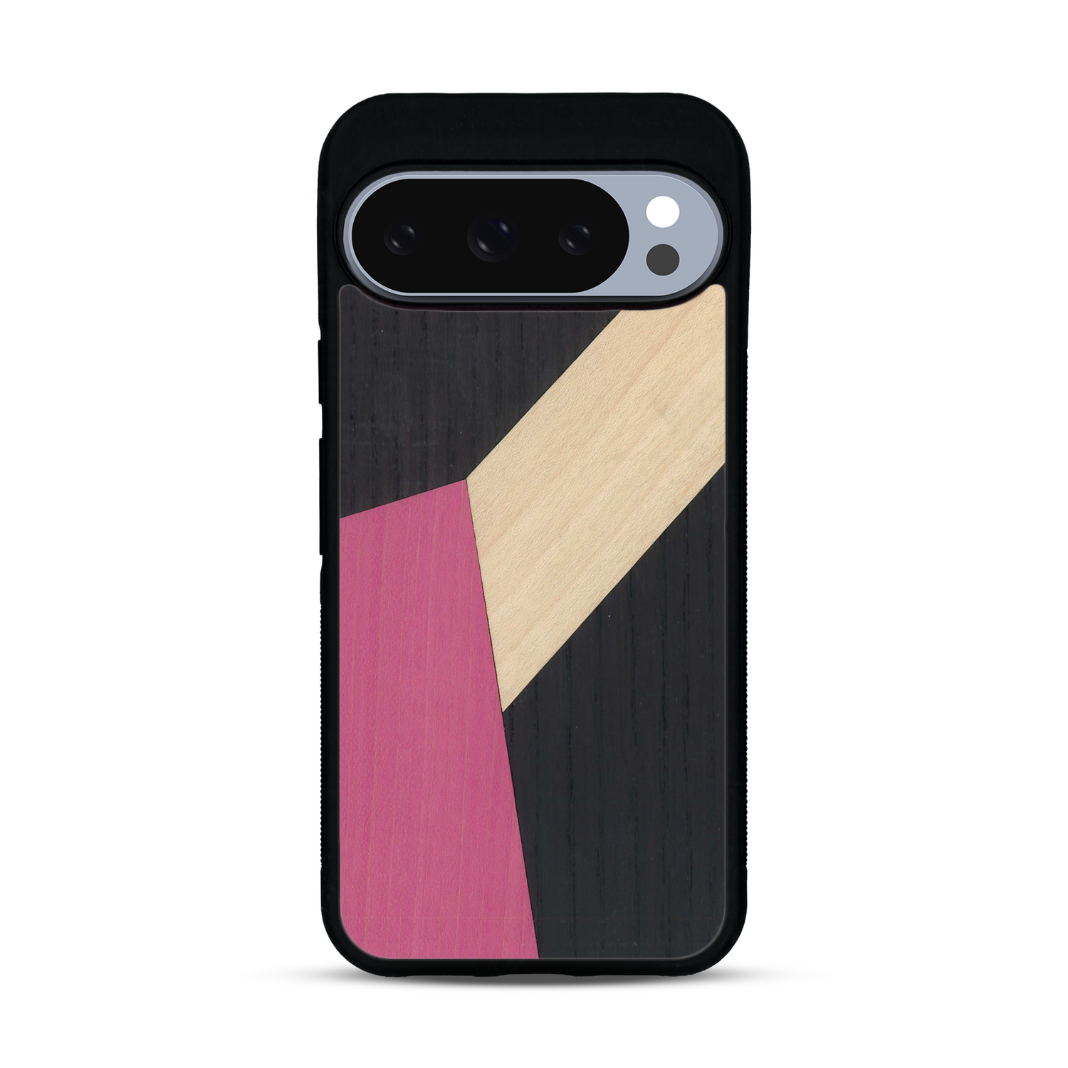 Coque de protection en bois véritable fabriquée en France pour  alliant du bambou, du tulipier rose et noir en forme de mosaïque minimaliste sur le thème de l'art abstrait