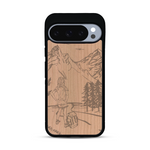 Coque de protection en bois véritable fabriquée en France pour  sur le thème de la randonnée en montagne et de l'aventure avec une gravure représentant une femme de dos face à un paysage de nature