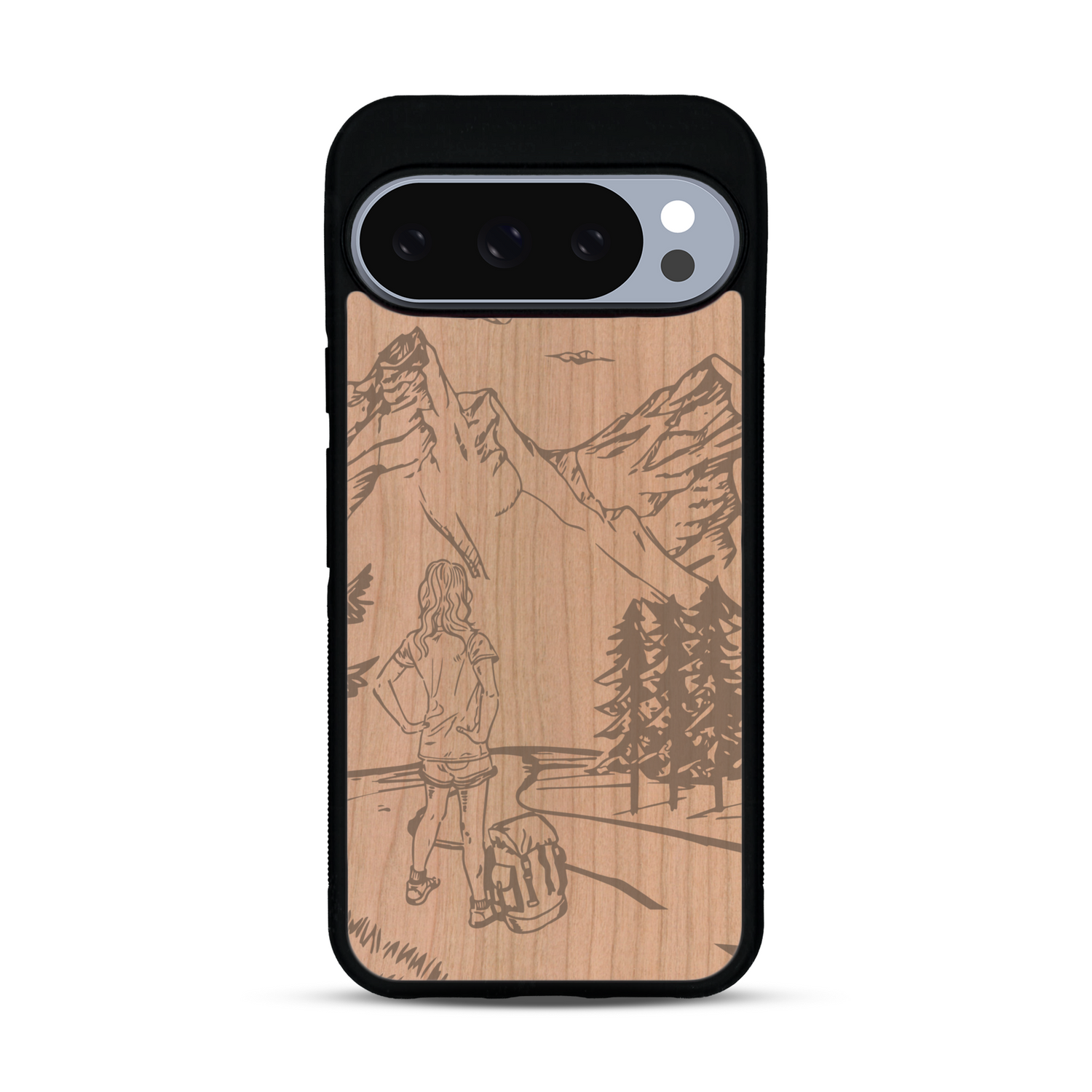 Coque de protection en bois véritable fabriquée en France pour  sur le thème de la randonnée en montagne et de l'aventure avec une gravure représentant une femme de dos face à un paysage de nature
