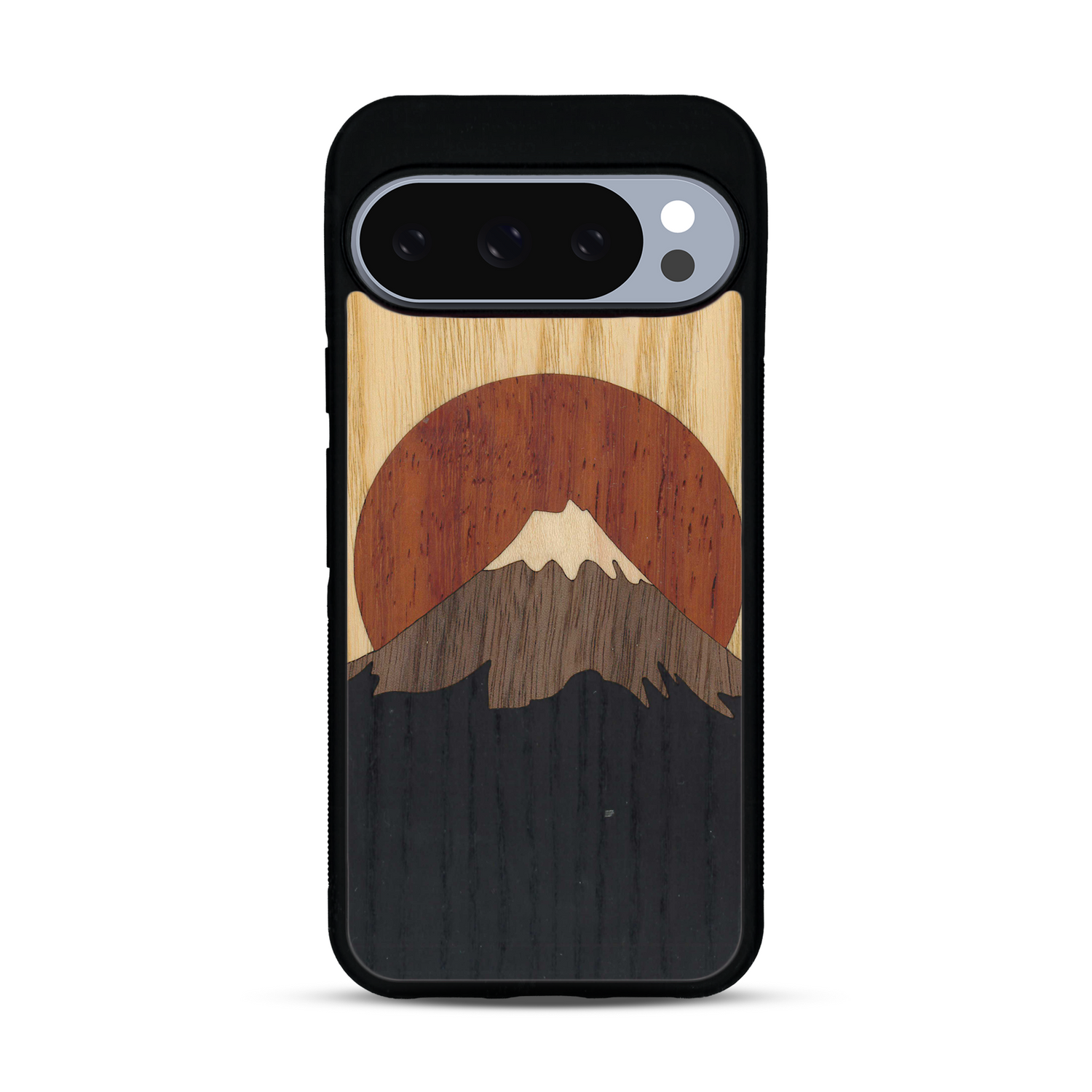 Coque de protection en bois véritable fabriquée en France pour  alliant plusieurs essences de bois pour représenter le mont Fuji