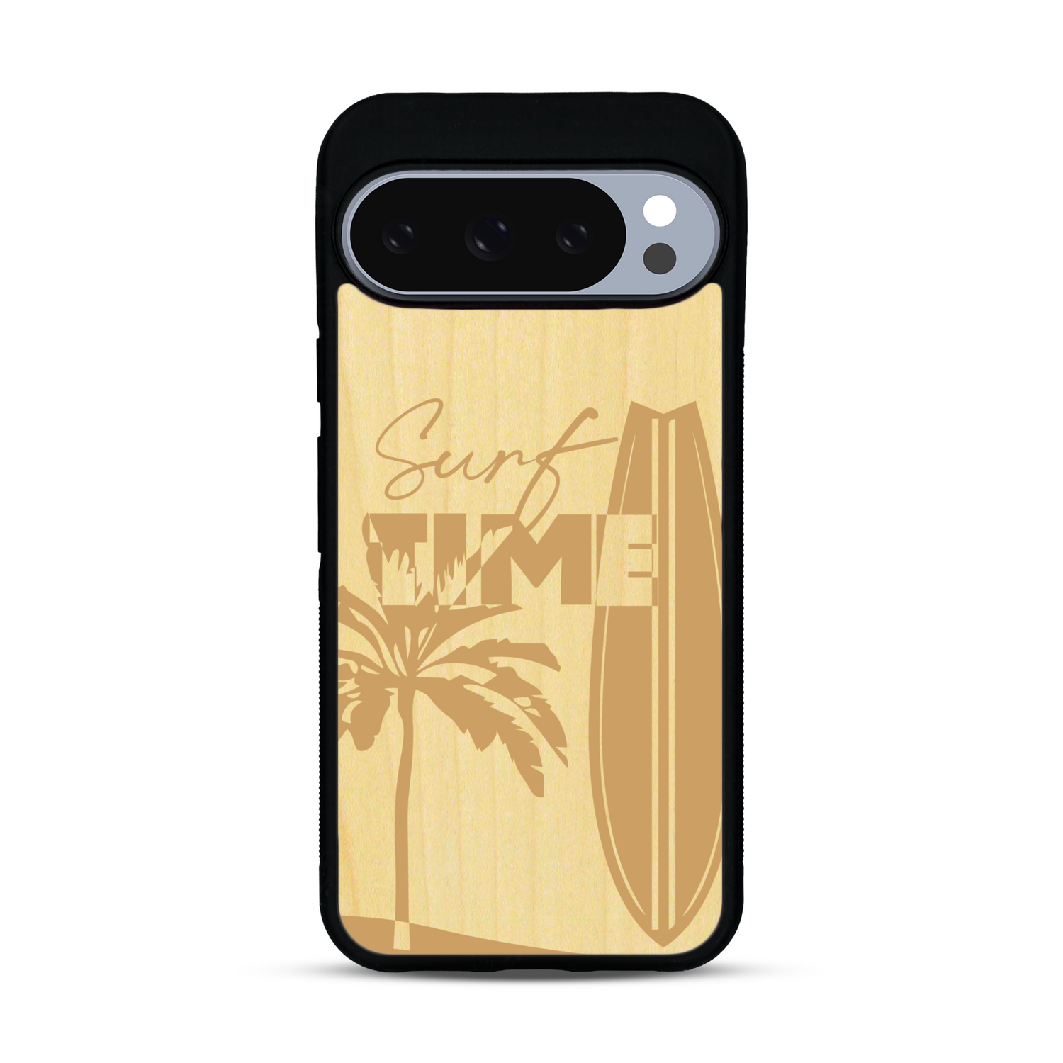 Coque de protection en bois véritable fabriquée en France pour  sur le thème chill avec un motif représentant une silouhette tenant une planche de surf sur une plage entouré de palmiers et les mots "Surf Time Long Beach Miami"