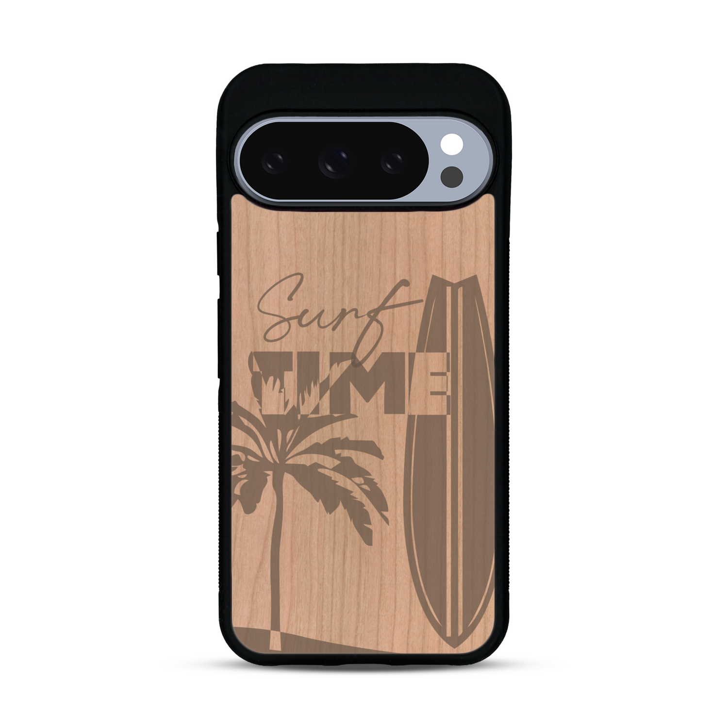 Coque de protection en bois véritable fabriquée en France pour  sur le thème chill avec un motif représentant une silouhette tenant une planche de surf sur une plage entouré de palmiers et les mots "Surf Time Long Beach Miami"
