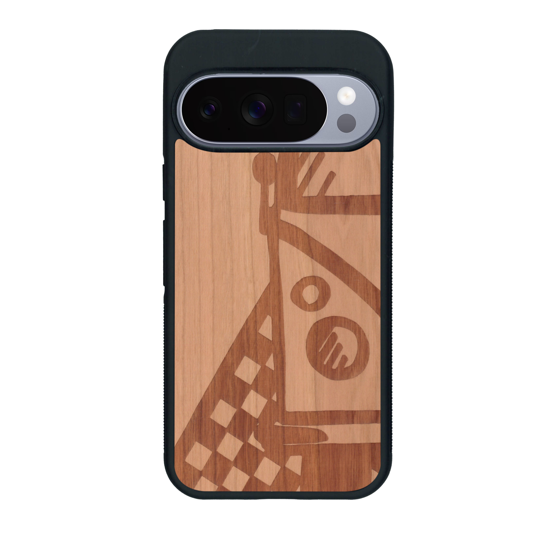 Coque de protection en bois véritable fabriquée en France pour Google Pixel 10 Pro XL sur le thème du voyage avec un van combi