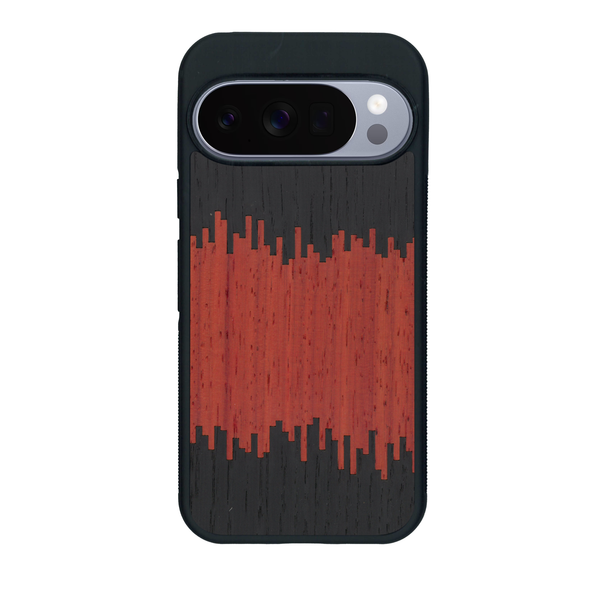 Coque de protection en bois véritable fabriquée en France pour Google Pixel 10 Pro XL alliant plusieurs essences de bois pour représenter du magma en fusion
