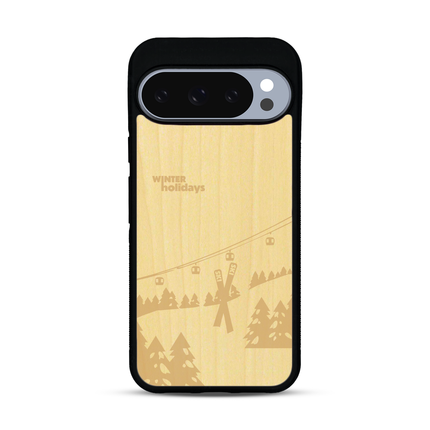 Coque de protection en bois véritable fabriquée en France pour  sur le thème de la montagne, du ski et de la neige avec un motif représentant une paire de ski plantée dans la neige avec en fond des montagnes enneigées
