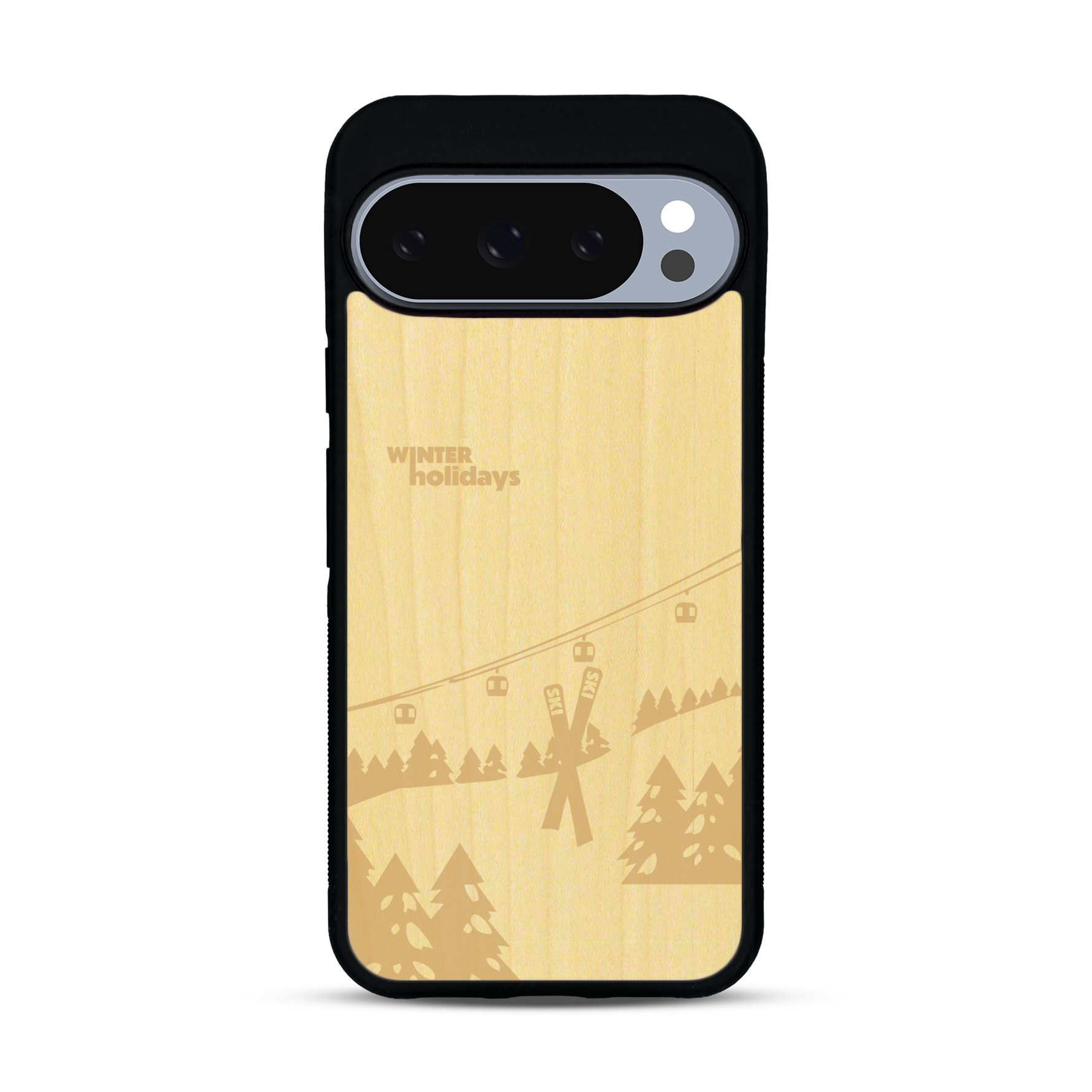 Coque de protection en bois véritable fabriquée en France pour  sur le thème de la montagne, du ski et de la neige avec un motif représentant une paire de ski plantée dans la neige avec en fond des montagnes enneigées