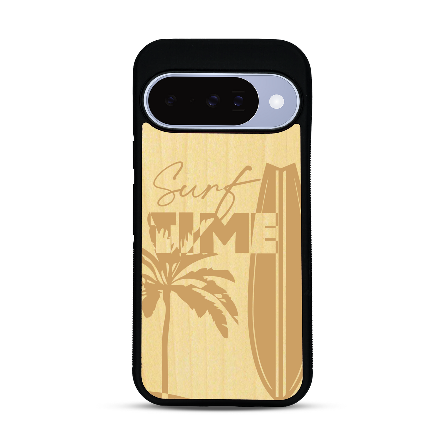 Coque de protection en bois véritable fabriquée en France pour  sur le thème chill avec un motif représentant une silouhette tenant une planche de surf sur une plage entouré de palmiers et les mots "Surf Time Long Beach Miami"