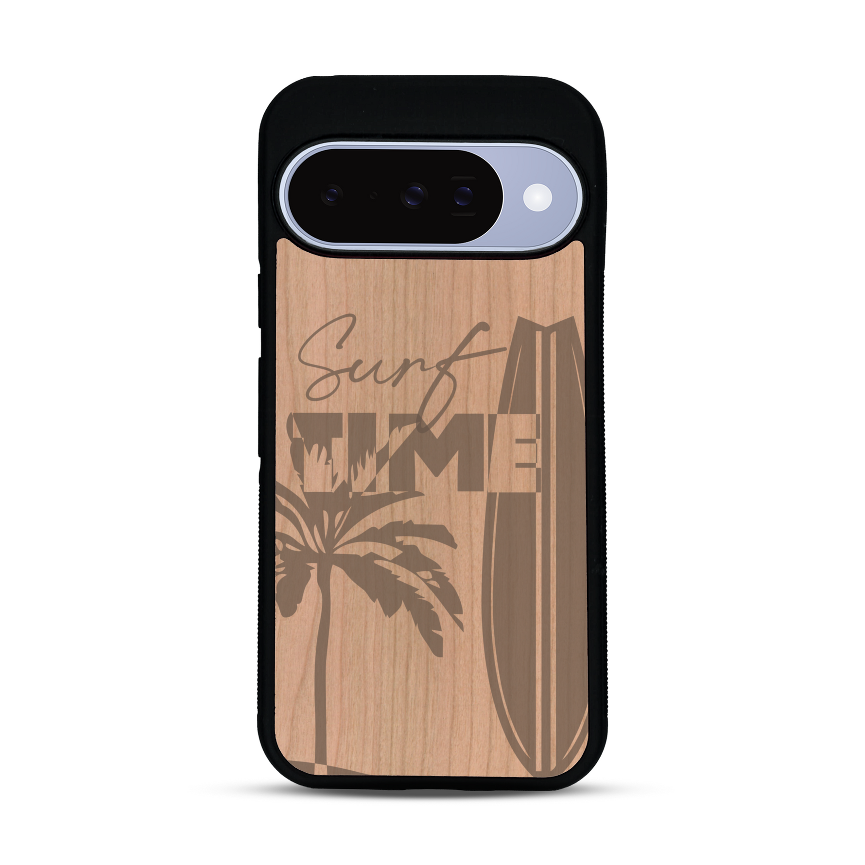 Coque de protection en bois véritable fabriquée en France pour  sur le thème chill avec un motif représentant une silouhette tenant une planche de surf sur une plage entouré de palmiers et les mots "Surf Time Long Beach Miami"