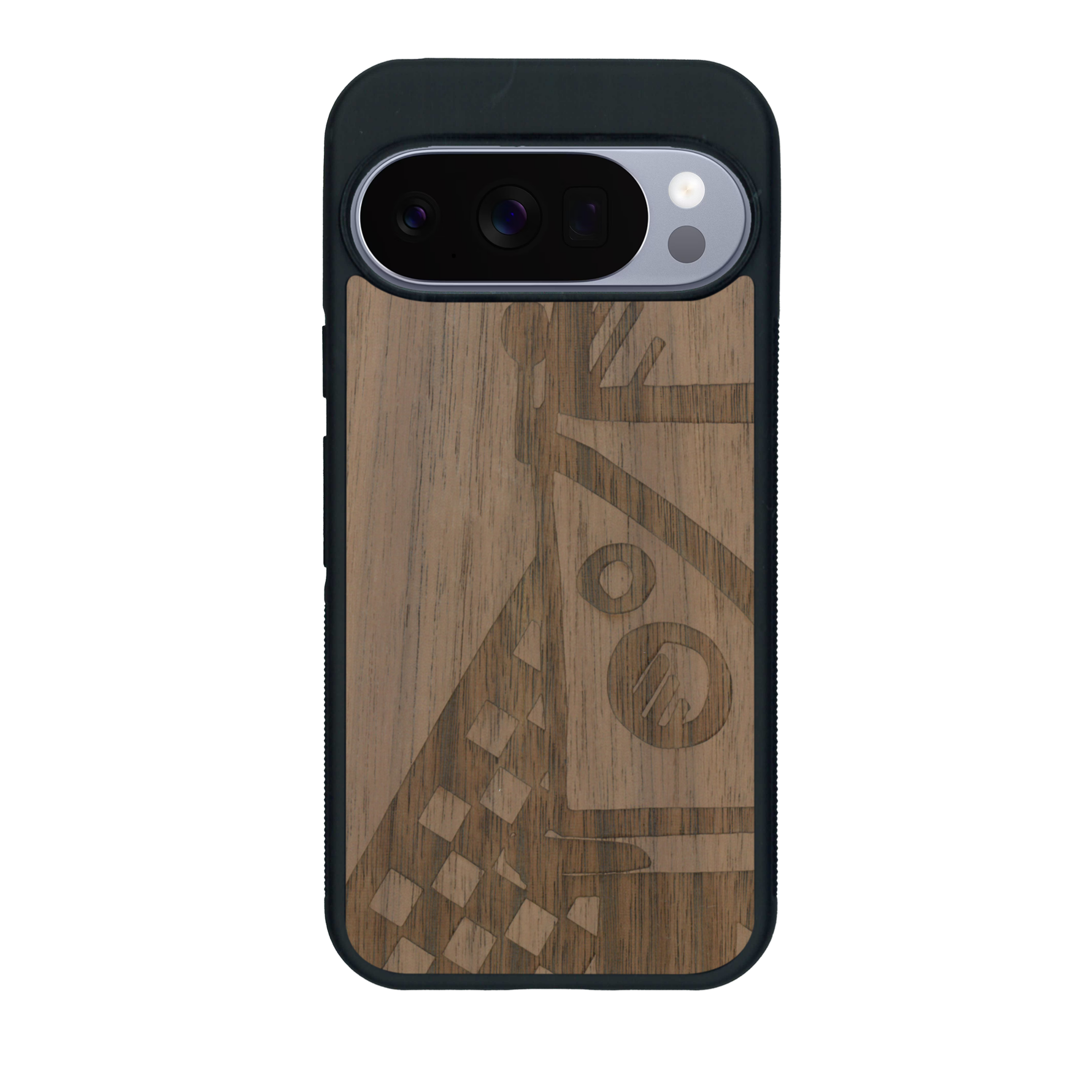 Coque de protection en bois véritable fabriquée en France pour Google Pixel 10 sur le thème du voyage avec un van combi