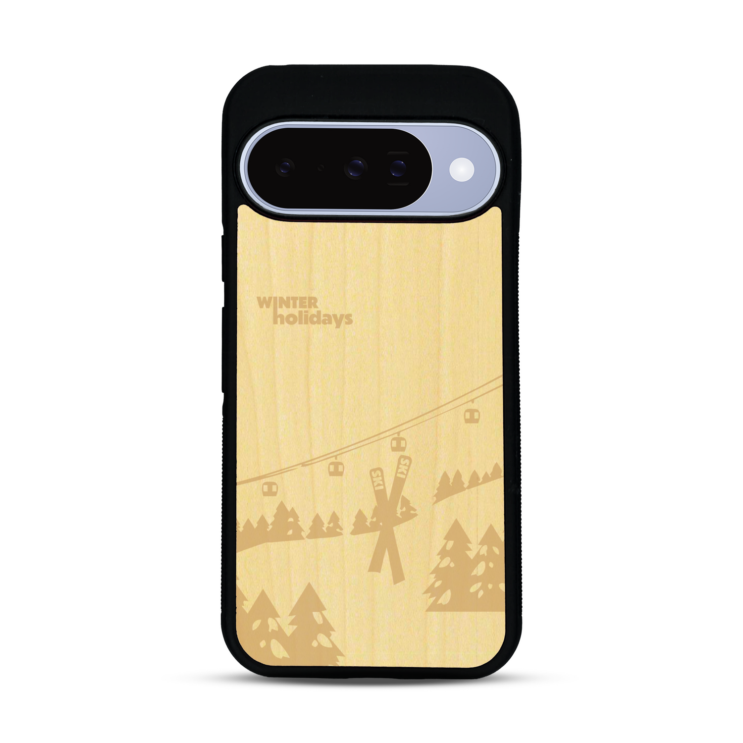 Coque de protection en bois véritable fabriquée en France pour  sur le thème de la montagne, du ski et de la neige avec un motif représentant une paire de ski plantée dans la neige avec en fond des montagnes enneigées