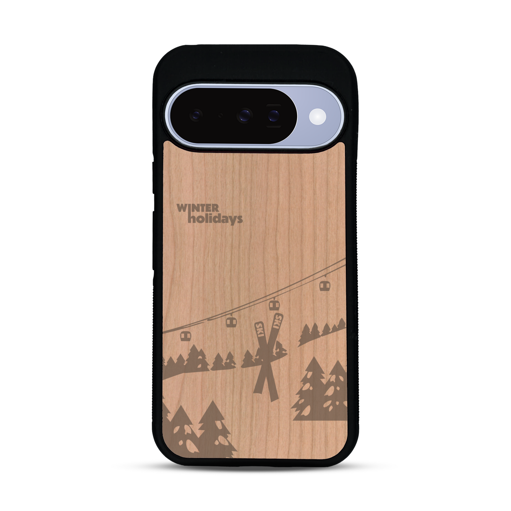 Coque de protection en bois véritable fabriquée en France pour  sur le thème de la montagne, du ski et de la neige avec un motif représentant une paire de ski plantée dans la neige avec en fond des montagnes enneigées