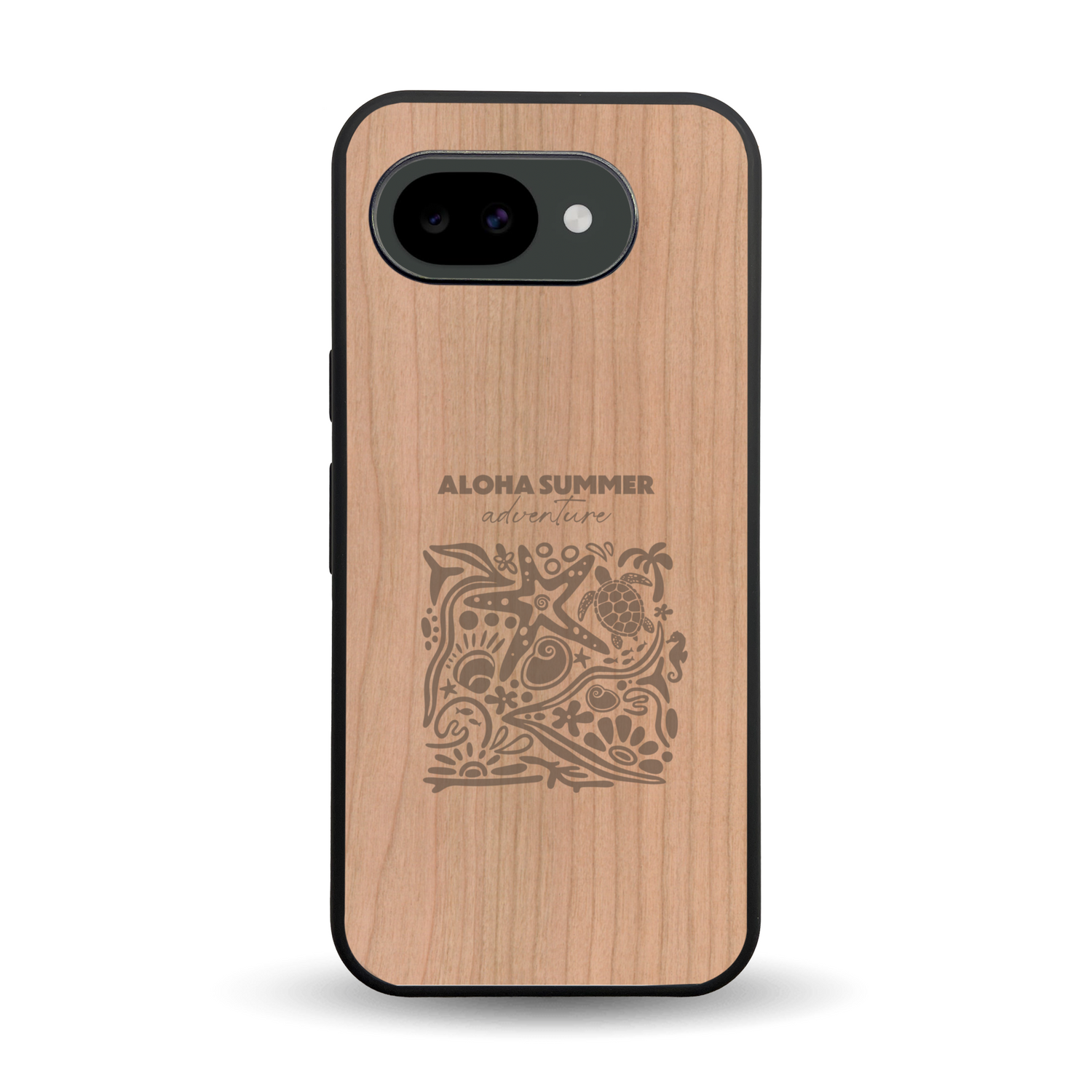 Coque de protection en bois véritable fabriquée en France pour Google Pixel 10A sur le thème de la plage, de l'été et vanlife.
