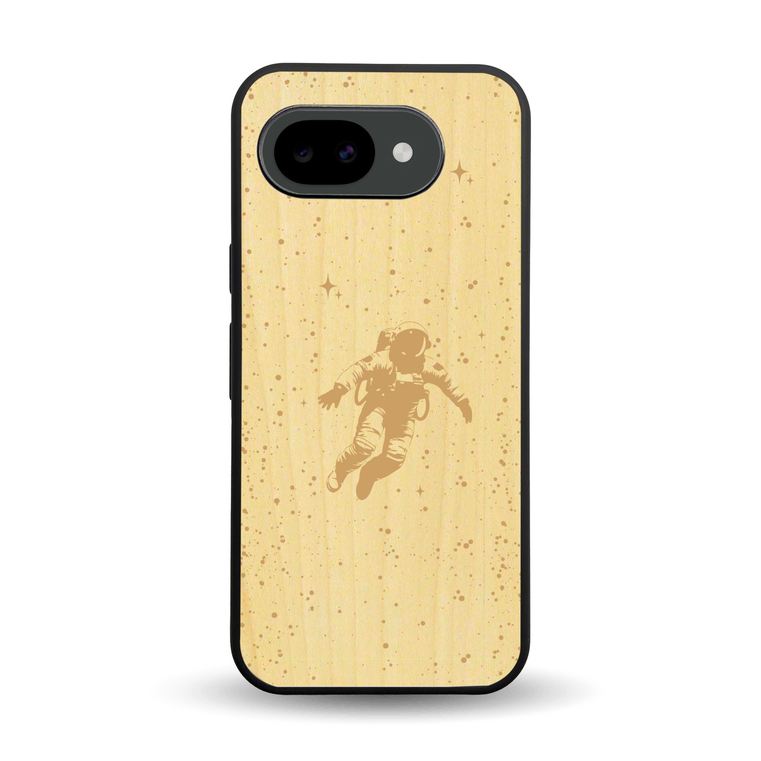 Coque de protection en bois véritable fabriquée en France pour Google Pixel 10A sur le thème des astronautes