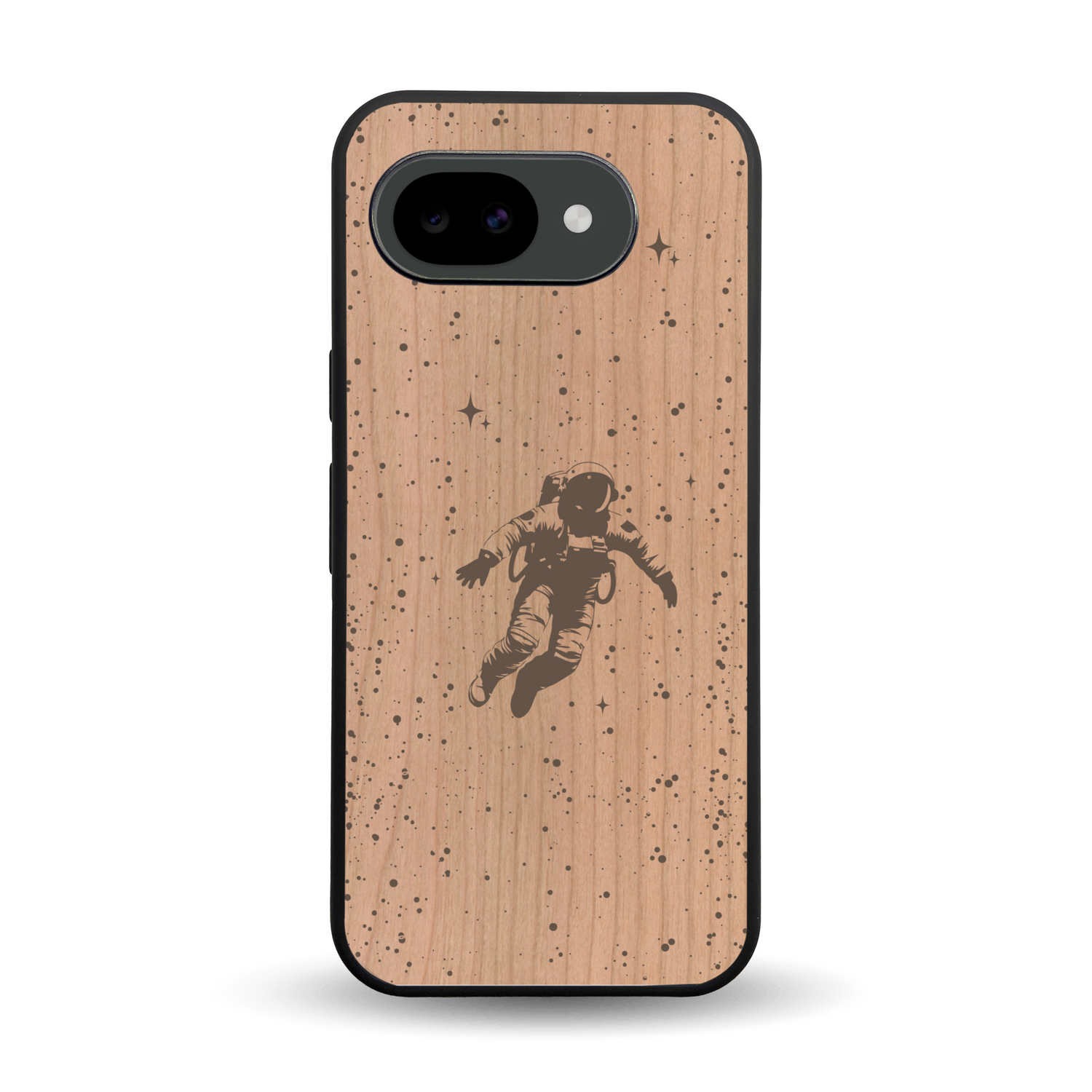 Coque de protection en bois véritable fabriquée en France pour Google Pixel 10A sur le thème des astronautes