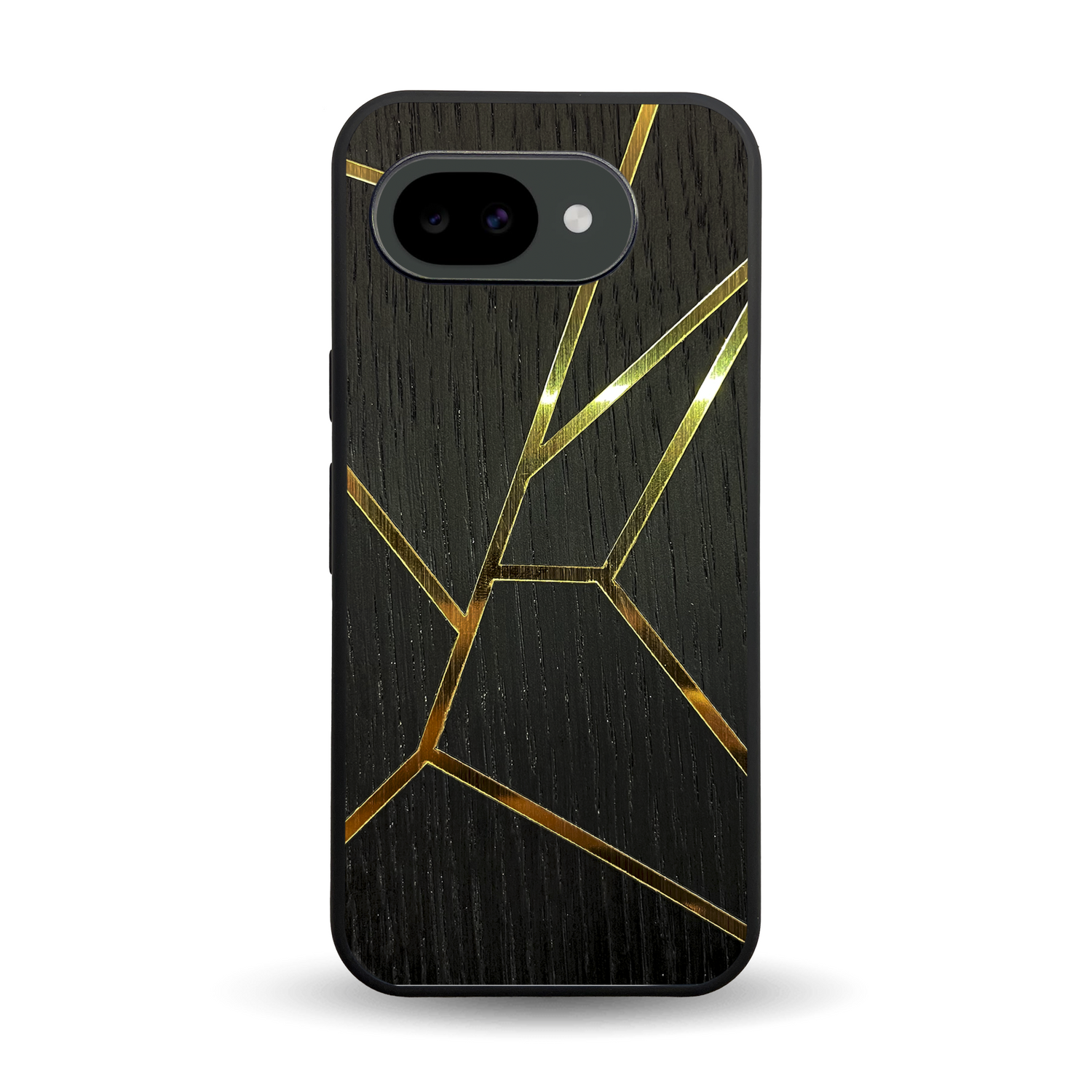 Coque de protection en bois véritable fabriquée en France pour Google Pixel 10A alliant plusieurs essences de bois pour représenter des fragments design