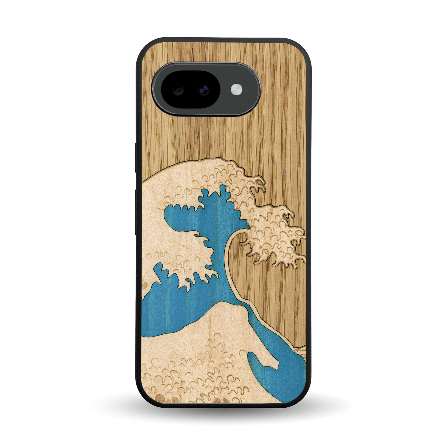Coque de protection en bois véritable fabriquée en France pour Google Pixel 10A alliant plusieurs essences de bois pour représenter la célèbre grande vague de Kanagawa