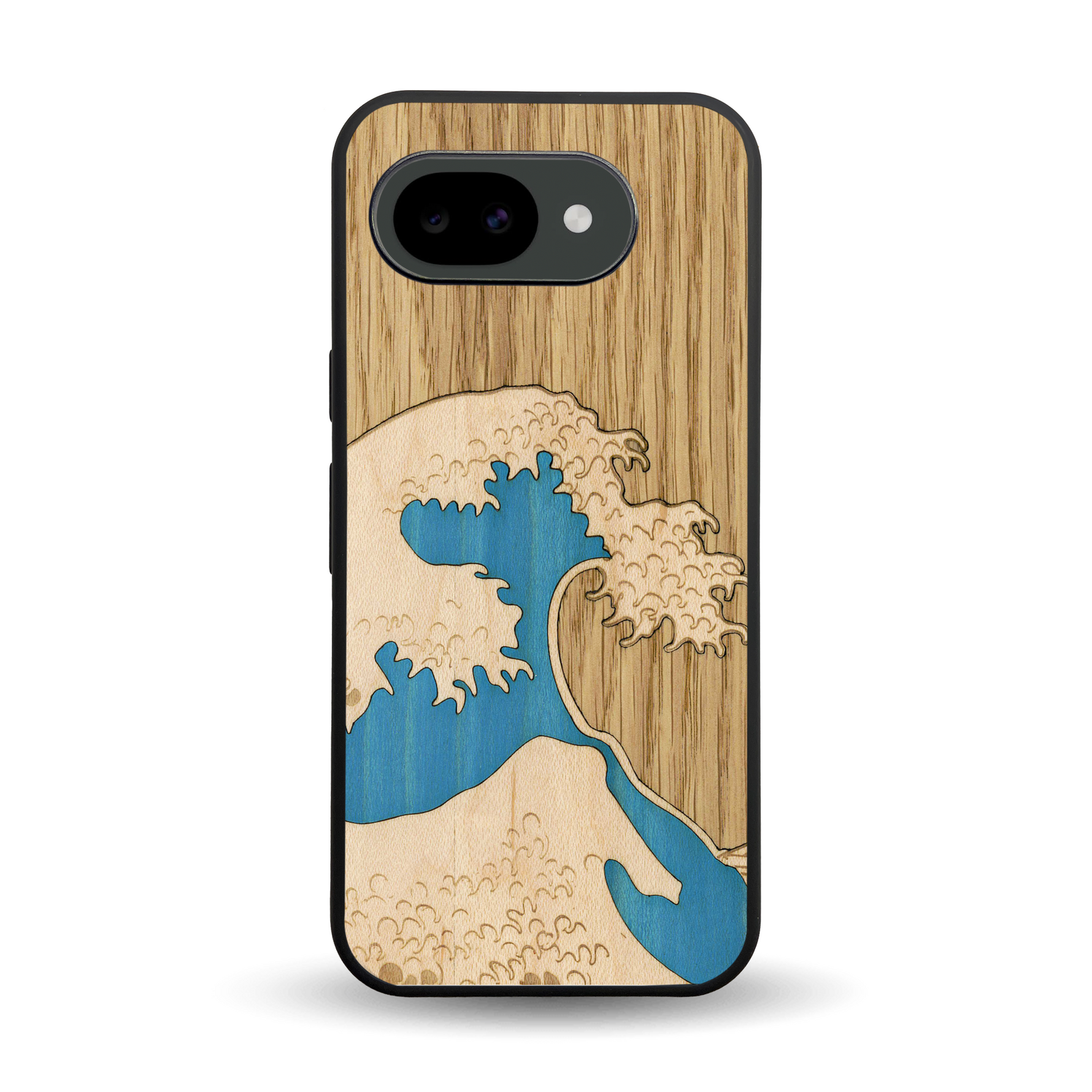 Coque de protection en bois véritable fabriquée en France pour Google Pixel 10A alliant plusieurs essences de bois pour représenter la célèbre grande vague de Kanagawa