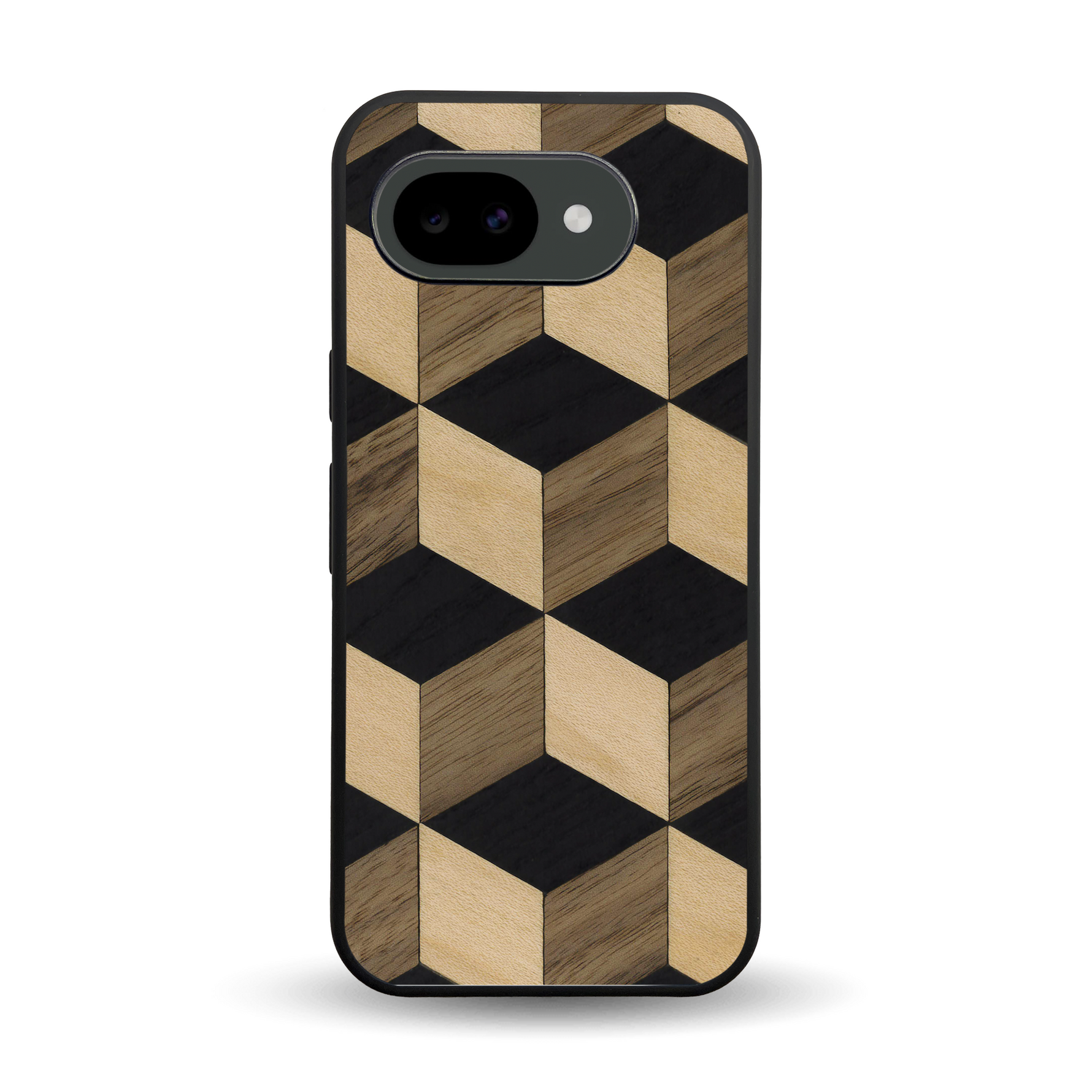 Coque de protection en bois véritable fabriquée en France pour Google Pixel 10A alliant plusieurs essences de bois pour représenter un classique intemporel de la marqueterie