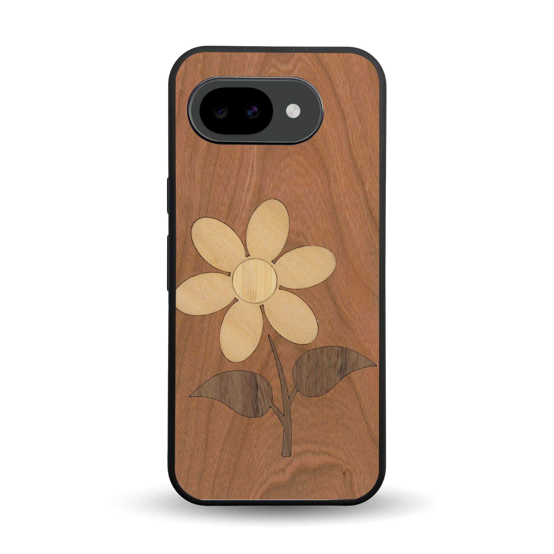 Coque de protection en bois véritable fabriquée en France pour Google Pixel 10A alliant plusieurs essences de bois pour représenter une marguerite