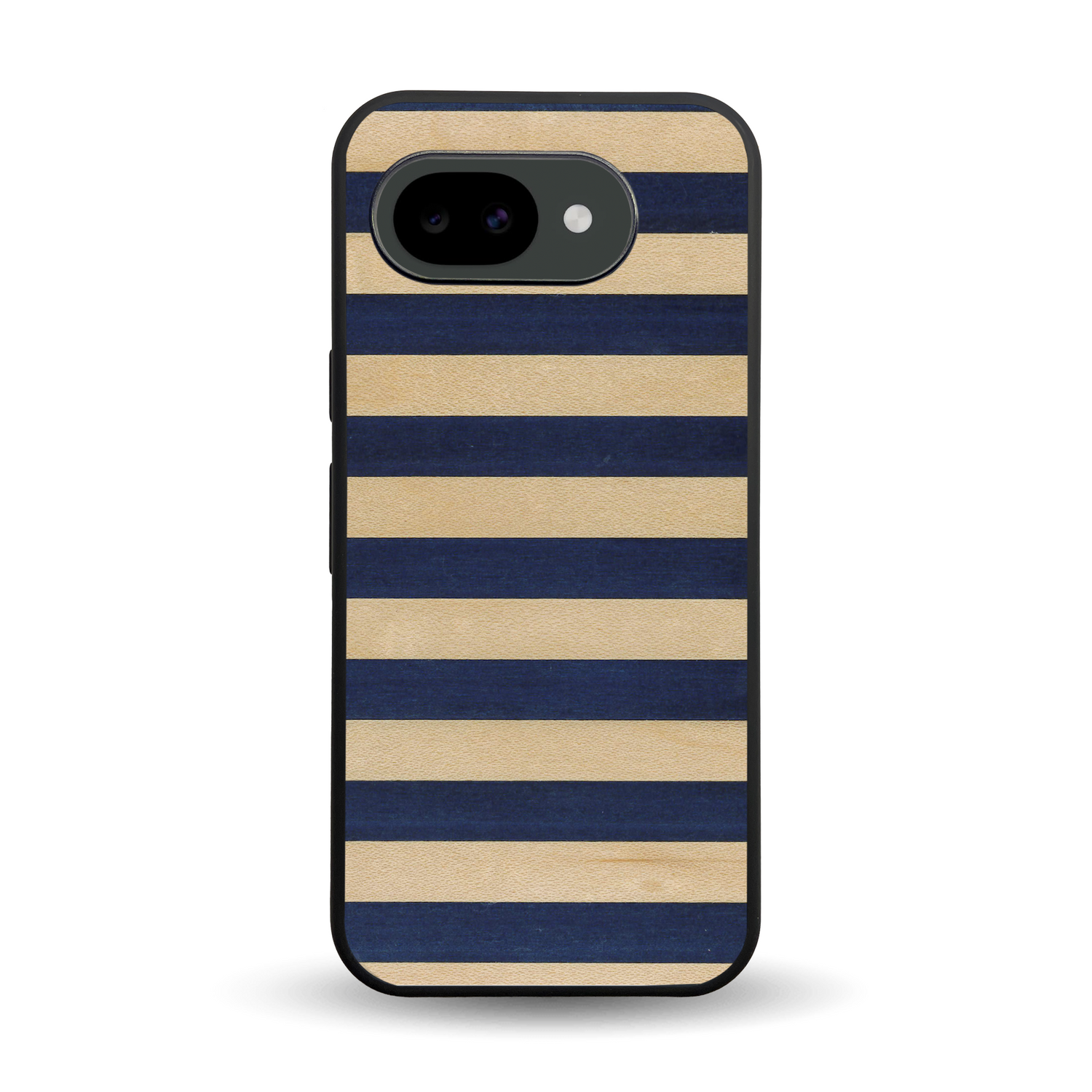 Coque de protection en bois véritable fabriquée en France pour Google Pixel 10A alliant plusieurs essences de bois pour représenter une marinière