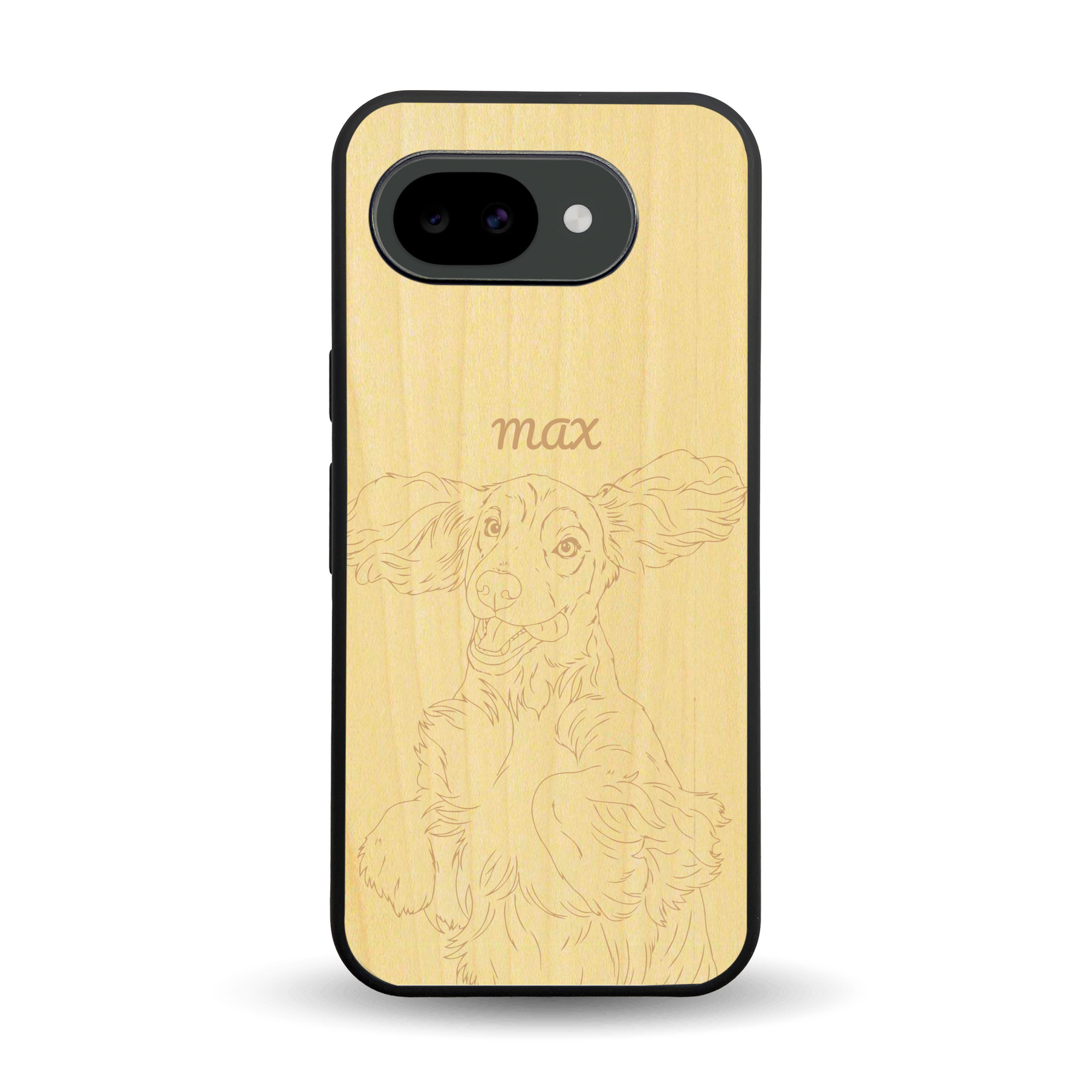 Coque de protection en bois véritable fabriquée en France pour Google Pixel 10A avec gravure personnalisée à partir d'une photo, d'une image, d'un logo, des initials ou d'une phrase