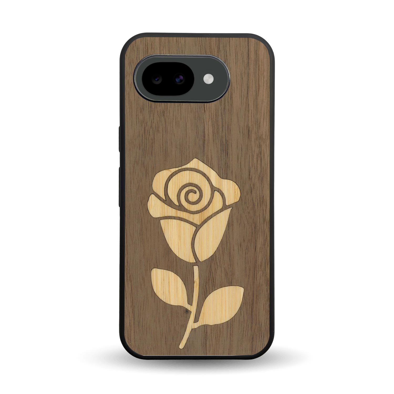 Coque de protection en bois véritable fabriquée en France pour Google Pixel 10A alliant plusieurs essences de bois pour représenter une rose