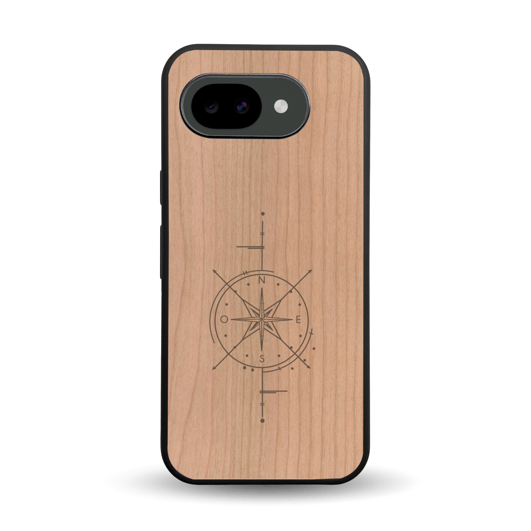 Coque de protection en bois véritable fabriquée en France pour Google Pixel 10A avec une gravure "rose des vents" sur le thème nautique et de l'océan qui s'inspire des boussoles de pirate