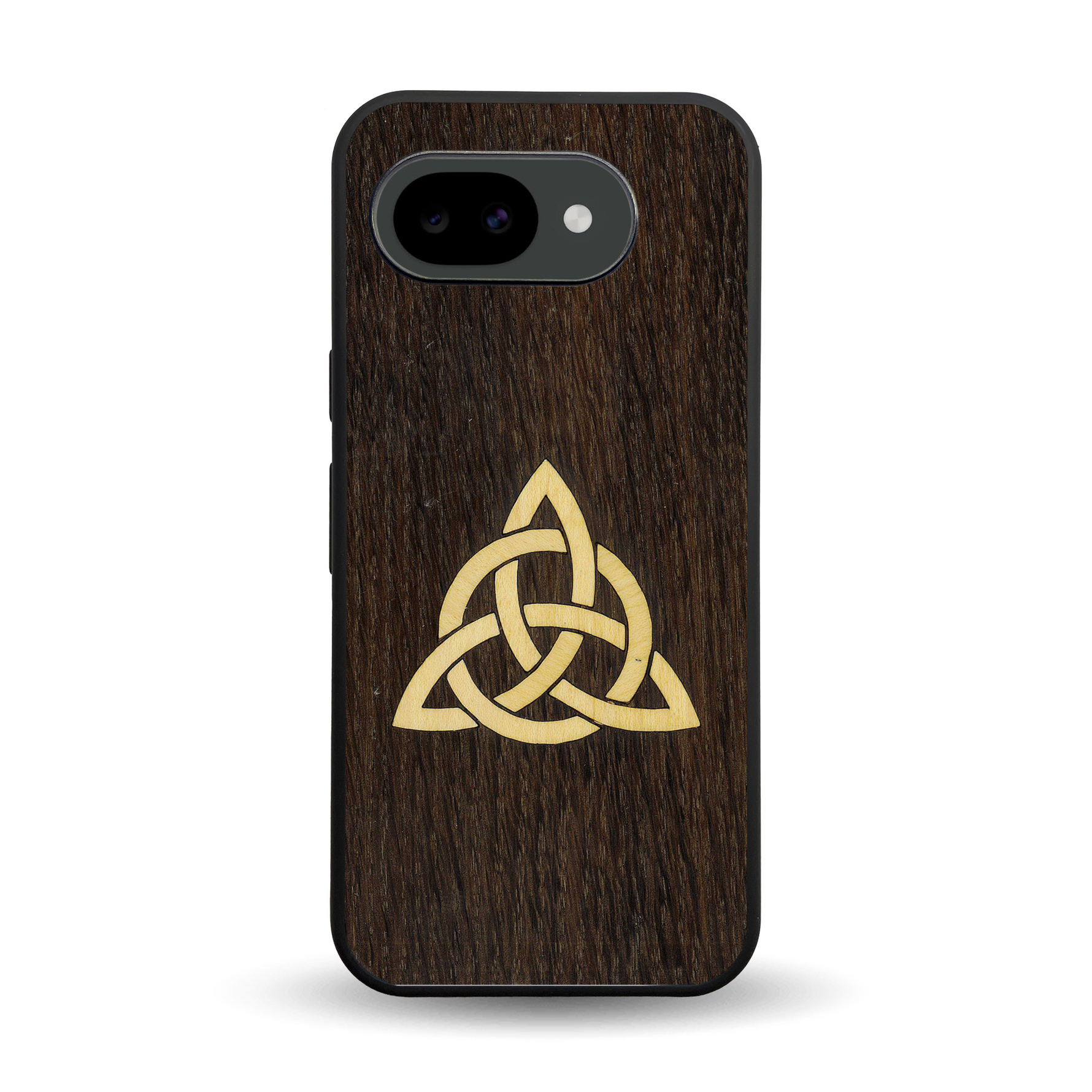 Coque de protection en bois véritable fabriquée en France pour Google Pixel 10A alliant du chêne fumé et du bambou représentant une triquetra