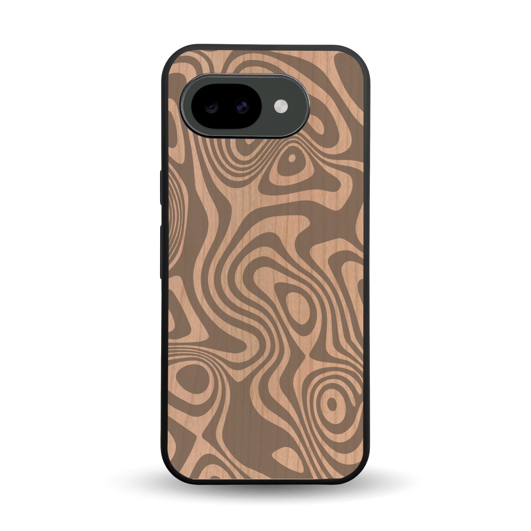 Coque de protection en bois véritable fabriquée en France pour Google Pixel 10A avec un motif abstrait représentant les mouvements de l'eau