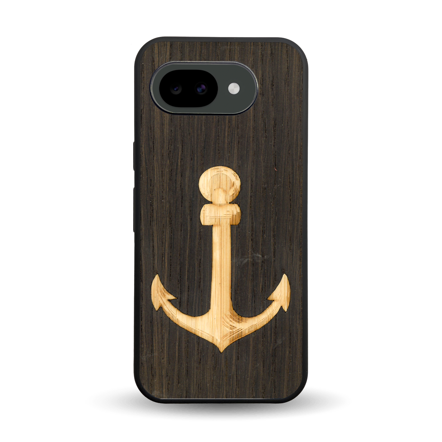 Coque de protection en bois véritable fabriquée en France pour Google Pixel 10A sur le thème nautique avec un bois clair et un bois foncé représentant une ancre de bateau
