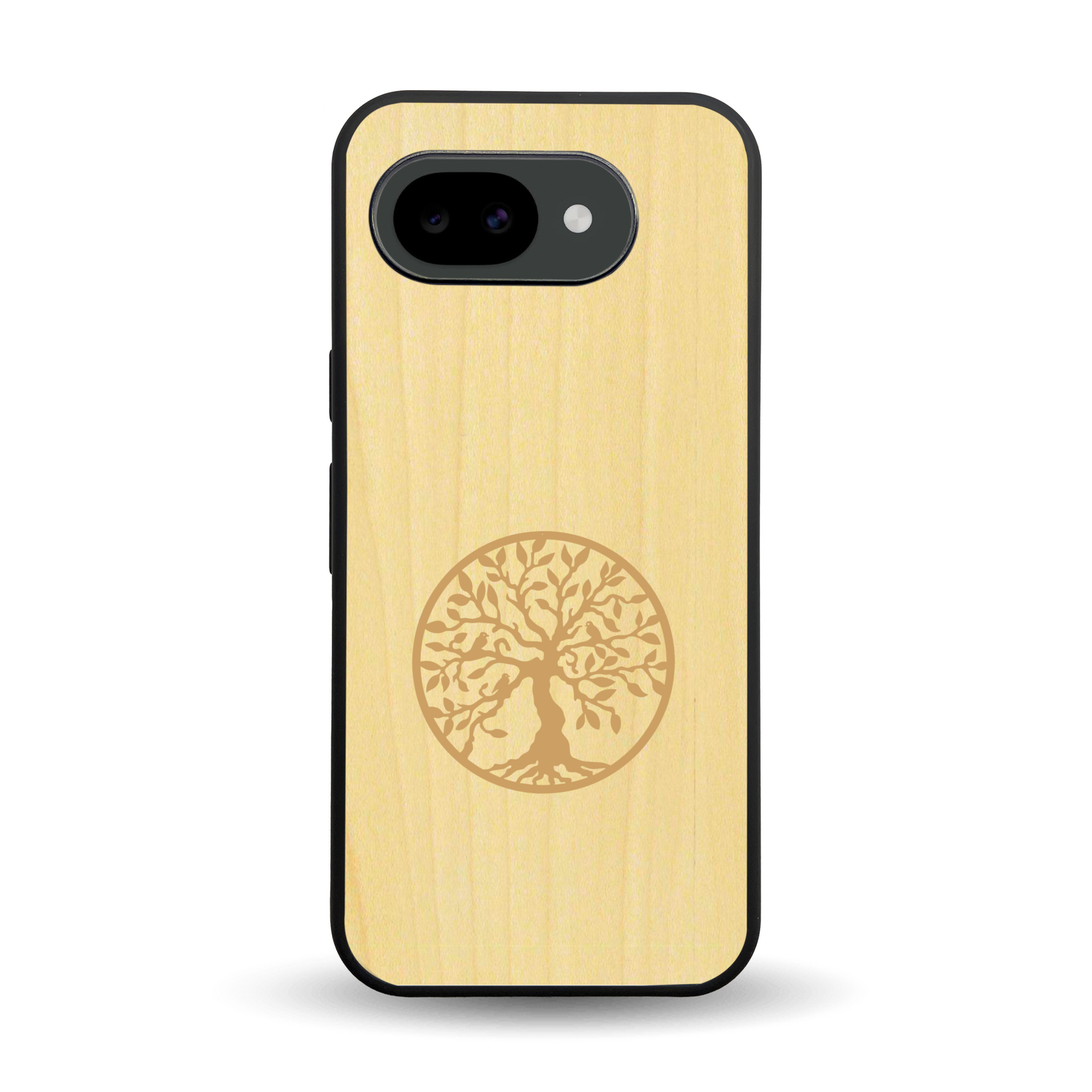 Coque de protection en bois véritable fabriquée en France pour Google Pixel 10A sur le thème de la spiritualité et du yoga avec une gravure zen représentant un arbre de vie