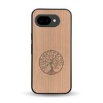 Coque de protection en bois véritable fabriquée en France pour Google Pixel 10A sur le thème de la spiritualité et du yoga avec une gravure zen représentant un arbre de vie