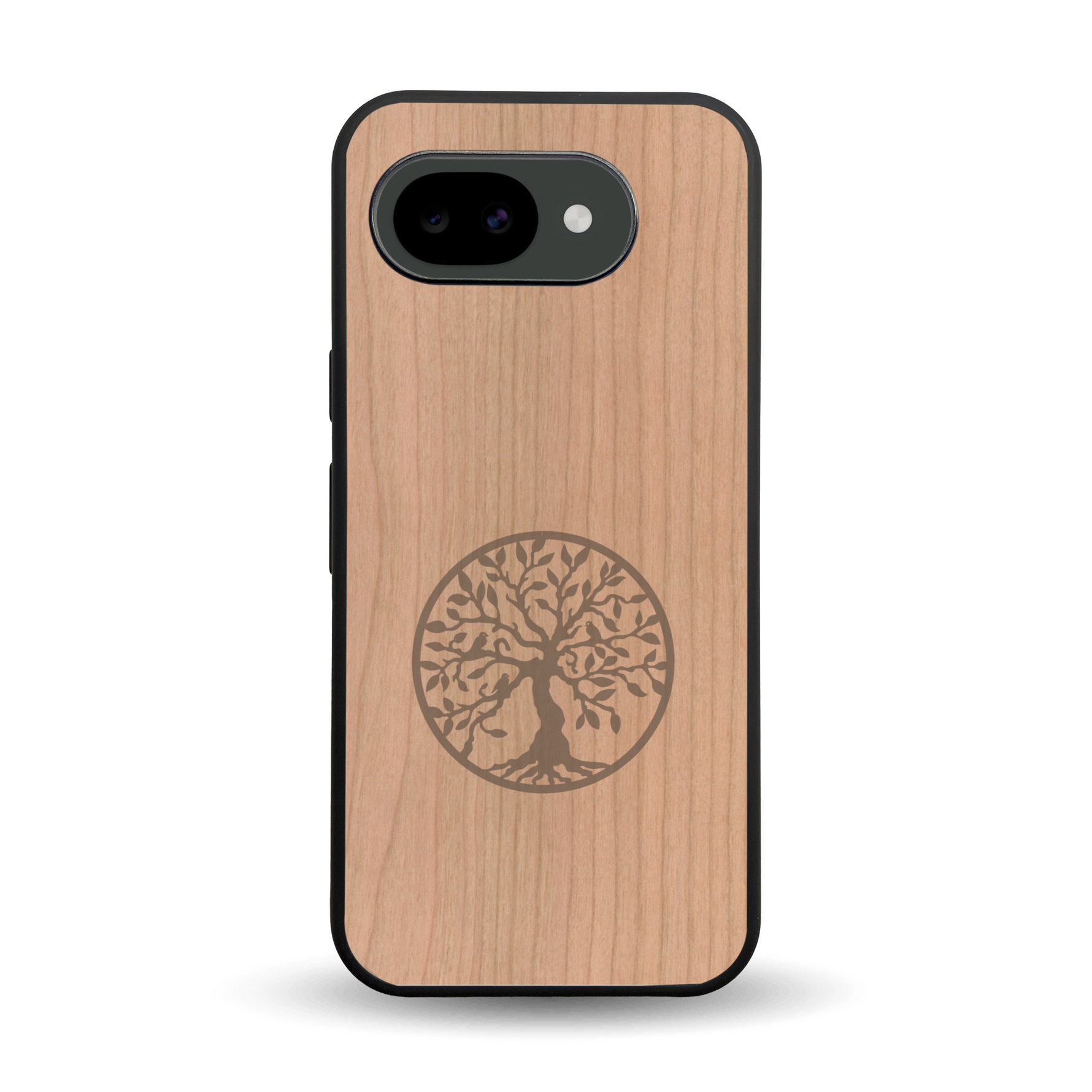 Coque de protection en bois véritable fabriquée en France pour Google Pixel 10A sur le thème de la spiritualité et du yoga avec une gravure zen représentant un arbre de vie