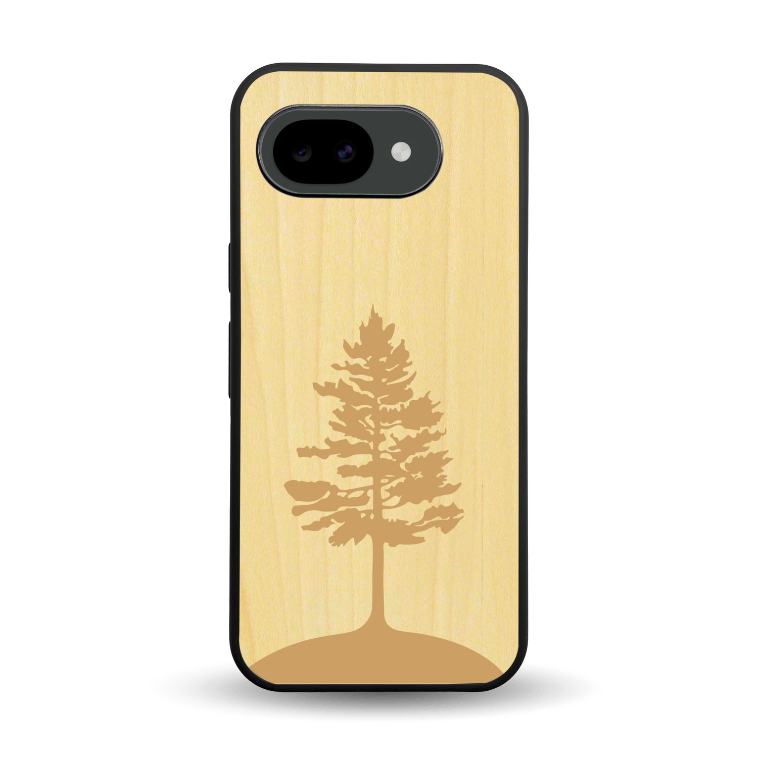 Coque de protection en bois véritable fabriquée en France pour Google Pixel 10A sur le thème de la nature, de la fôret et de l'écoresponsabilité avec une gravure représentant un arbre 