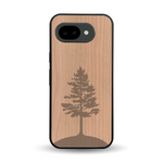 Coque de protection en bois véritable fabriquée en France pour Google Pixel 10A sur le thème de la nature, de la fôret et de l'écoresponsabilité avec une gravure représentant un arbre 