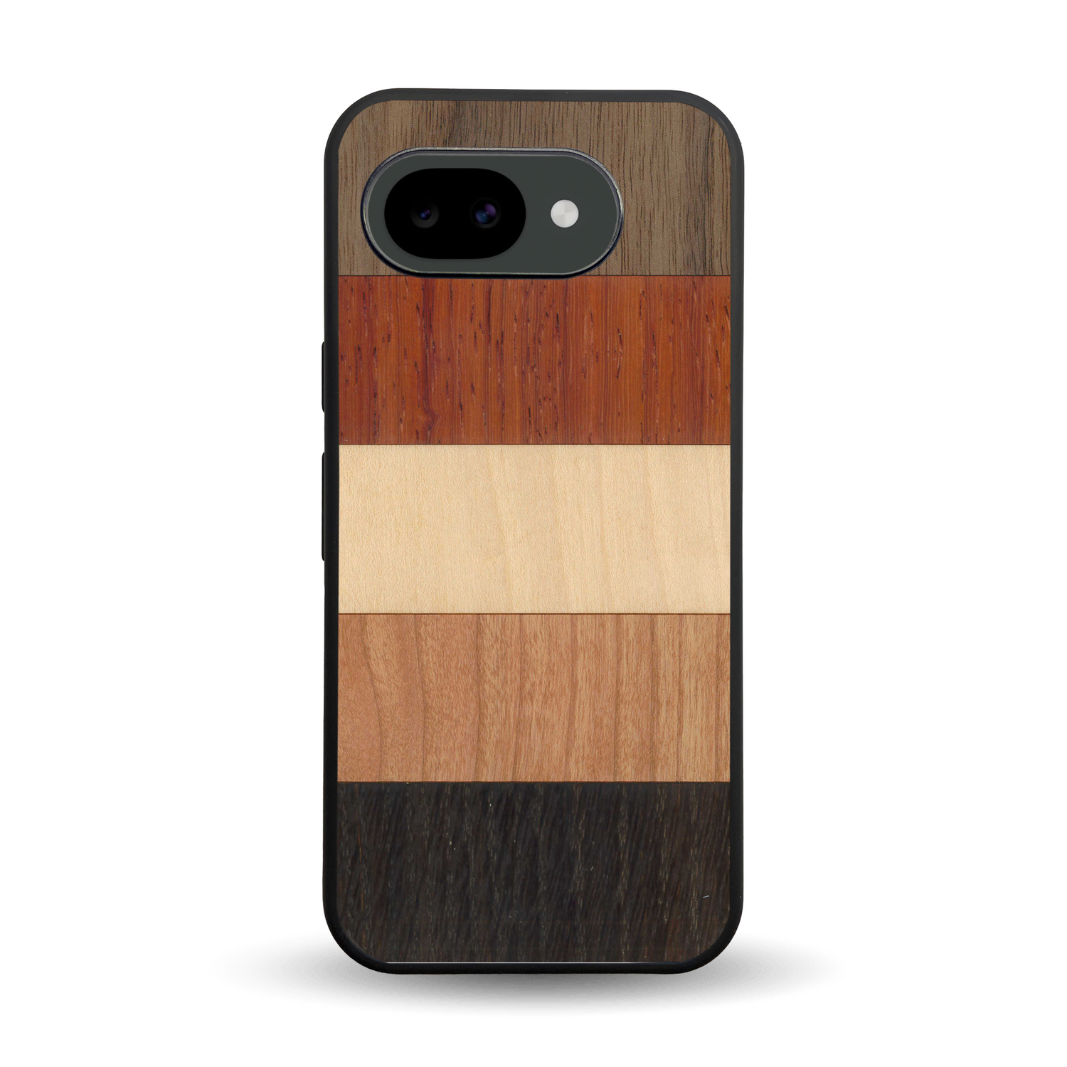 Coque de protection en bois véritable fabriquée en France pour Google Pixel 10A alliant des bandes horizontales de bambou, merisier, padouk, noyer et chêne fumé