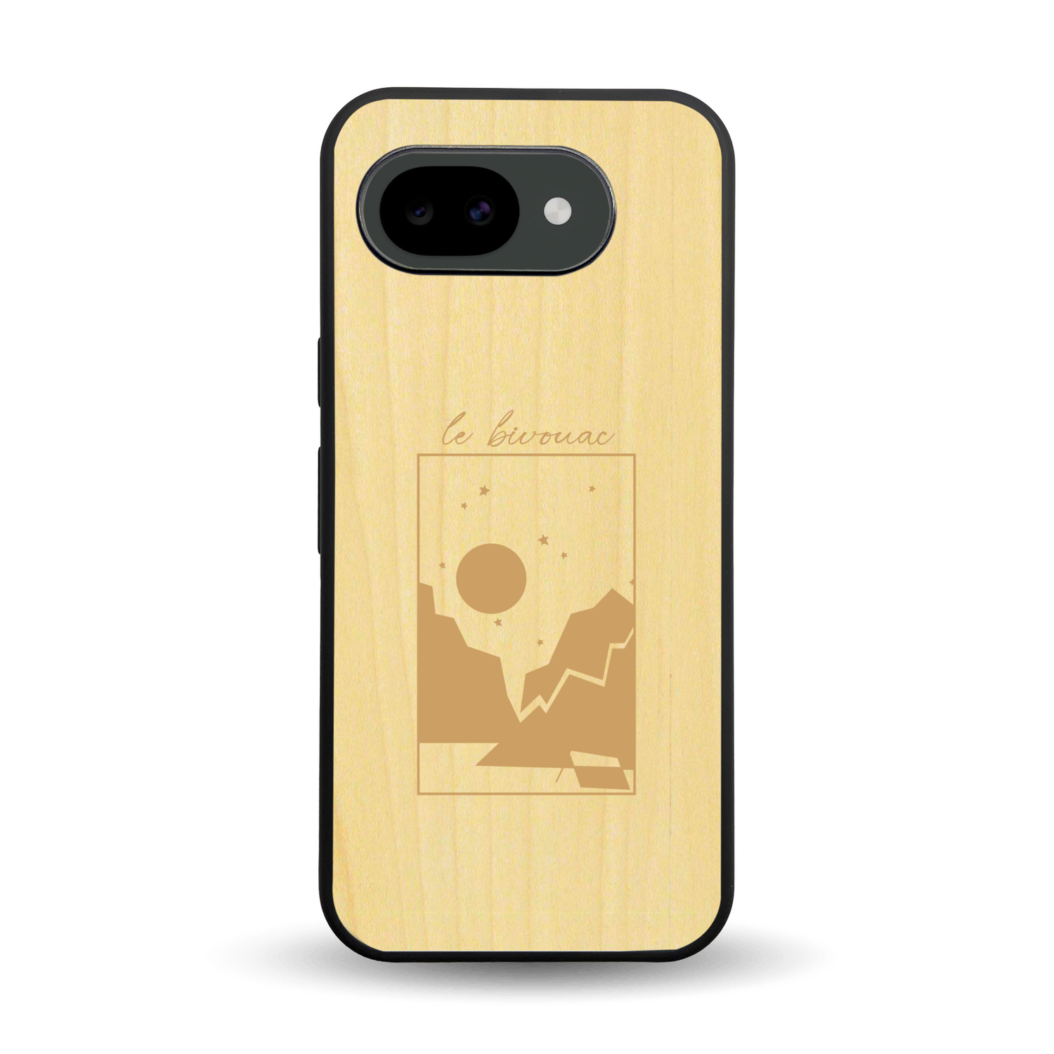Coque de protection en bois véritable fabriquée en France pour Google Pixel 10A sur le thème du camping en pleine nature et du bivouac avec la phrase "Aventure is out there"
