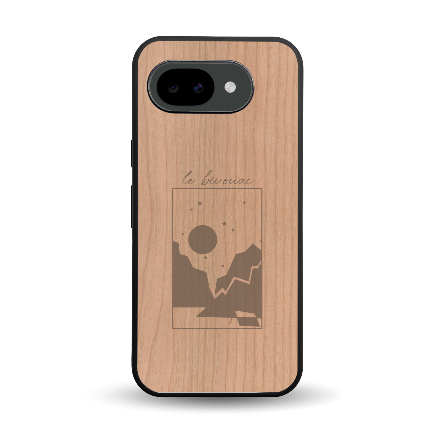 Coque de protection en bois véritable fabriquée en France pour Google Pixel 10A sur le thème du camping en pleine nature et du bivouac avec la phrase "Aventure is out there"