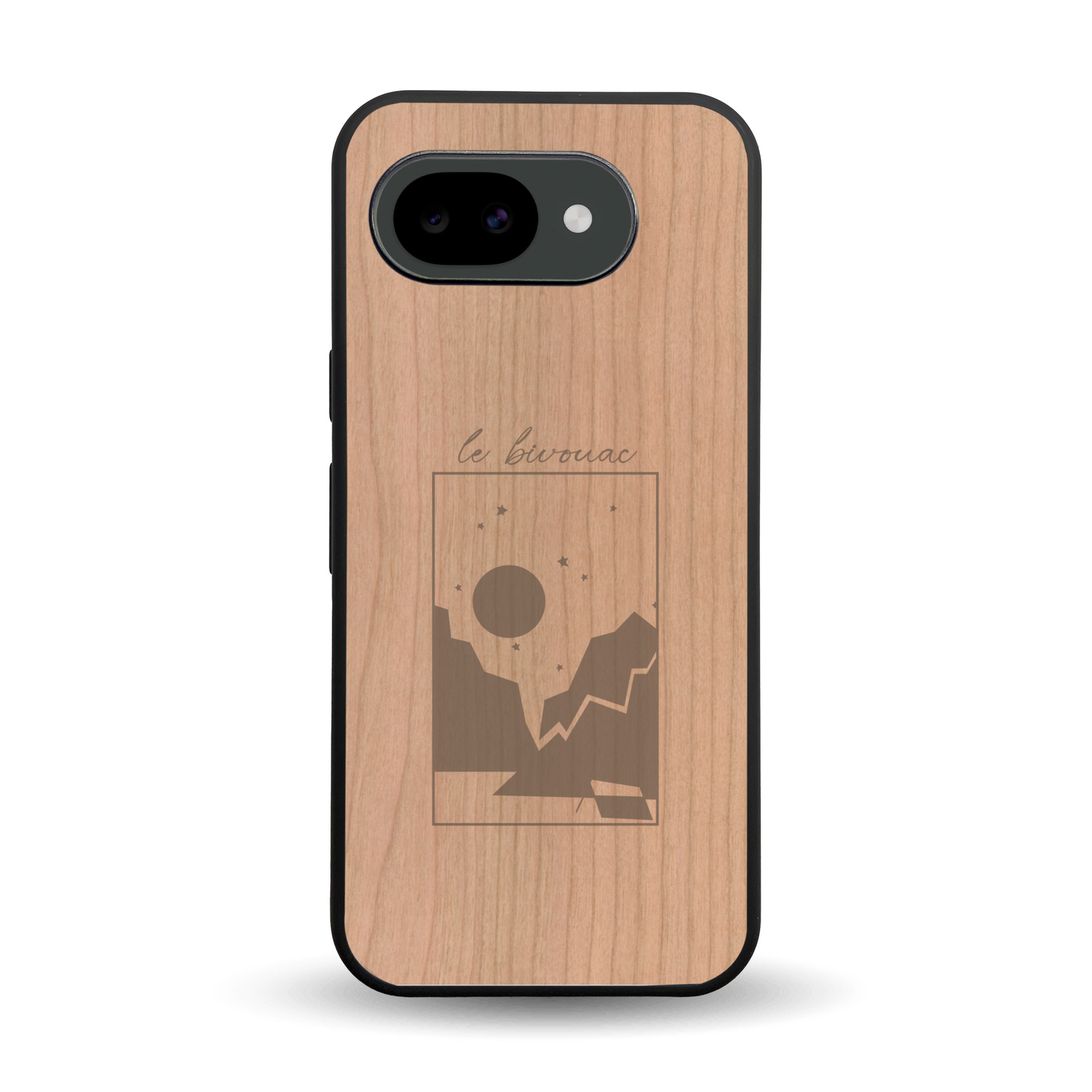 Coque de protection en bois véritable fabriquée en France pour Google Pixel 10A sur le thème du camping en pleine nature et du bivouac avec la phrase "Aventure is out there"