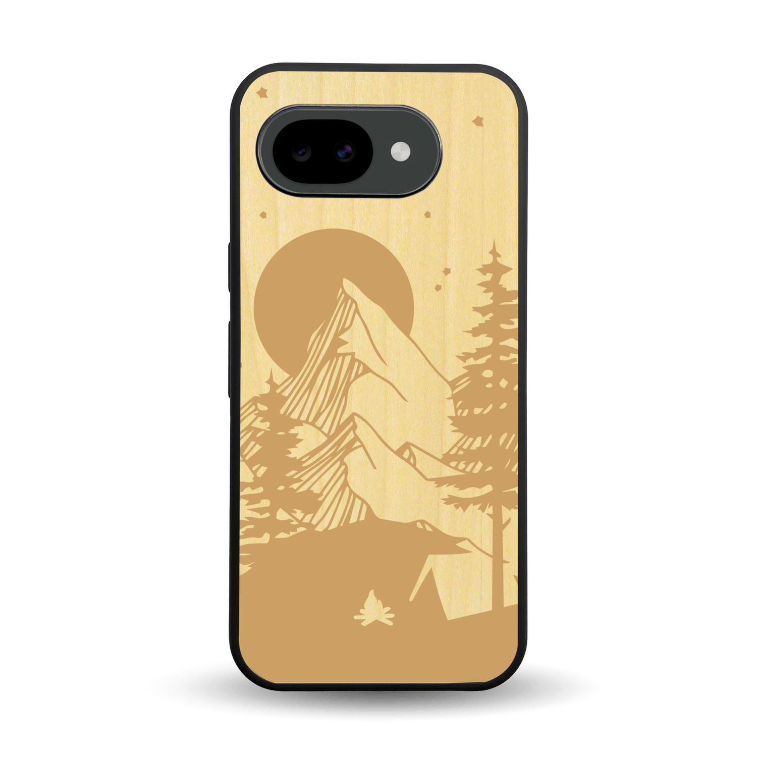 Coque de protection en bois véritable fabriquée en France pour Google Pixel 10A sur le thème du camping en pleine nature représentant une tente avec un feu de camp entouré de montagnes
