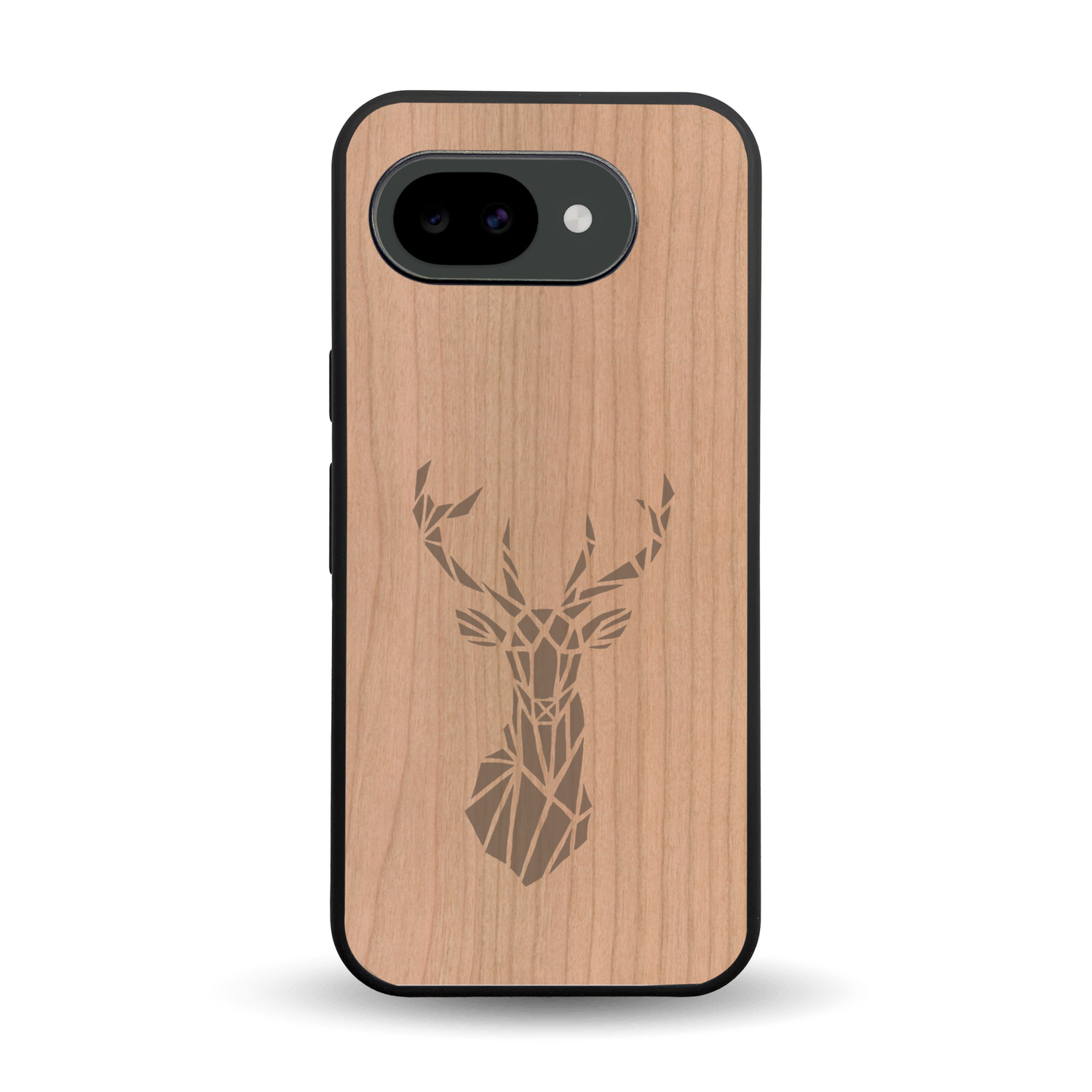 Coque de protection en bois véritable fabriquée en France pour Google Pixel 10A sur le thème de la nature et des animaux représentant une tête de cerf gométrique avec un design moderne et minimaliste