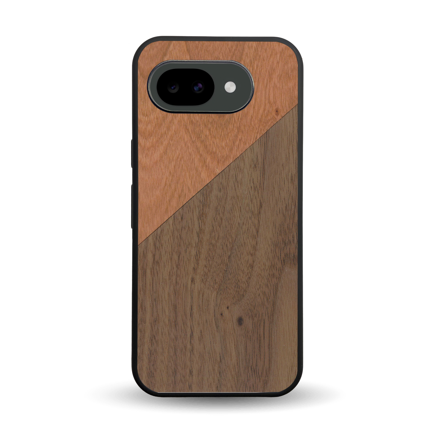 Coque de protection en bois véritable fabriquée en France pour Google Pixel 10A alliant du merisier et du noyer formant chacun un triangle avec une jointure en diagonale sur le thème de l'art abstrait