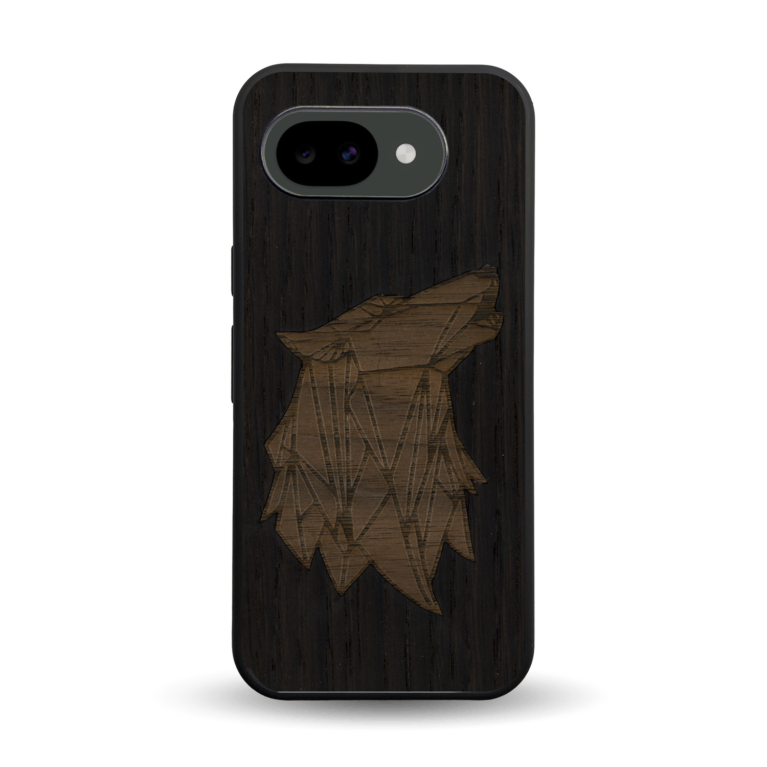 Coque de protection en bois véritable fabriquée en France pour Google Pixel 10A alliant du chêne fumé et du noyer représentant une tête de loup géométrique de profil sur le thème des animaux et de la nature