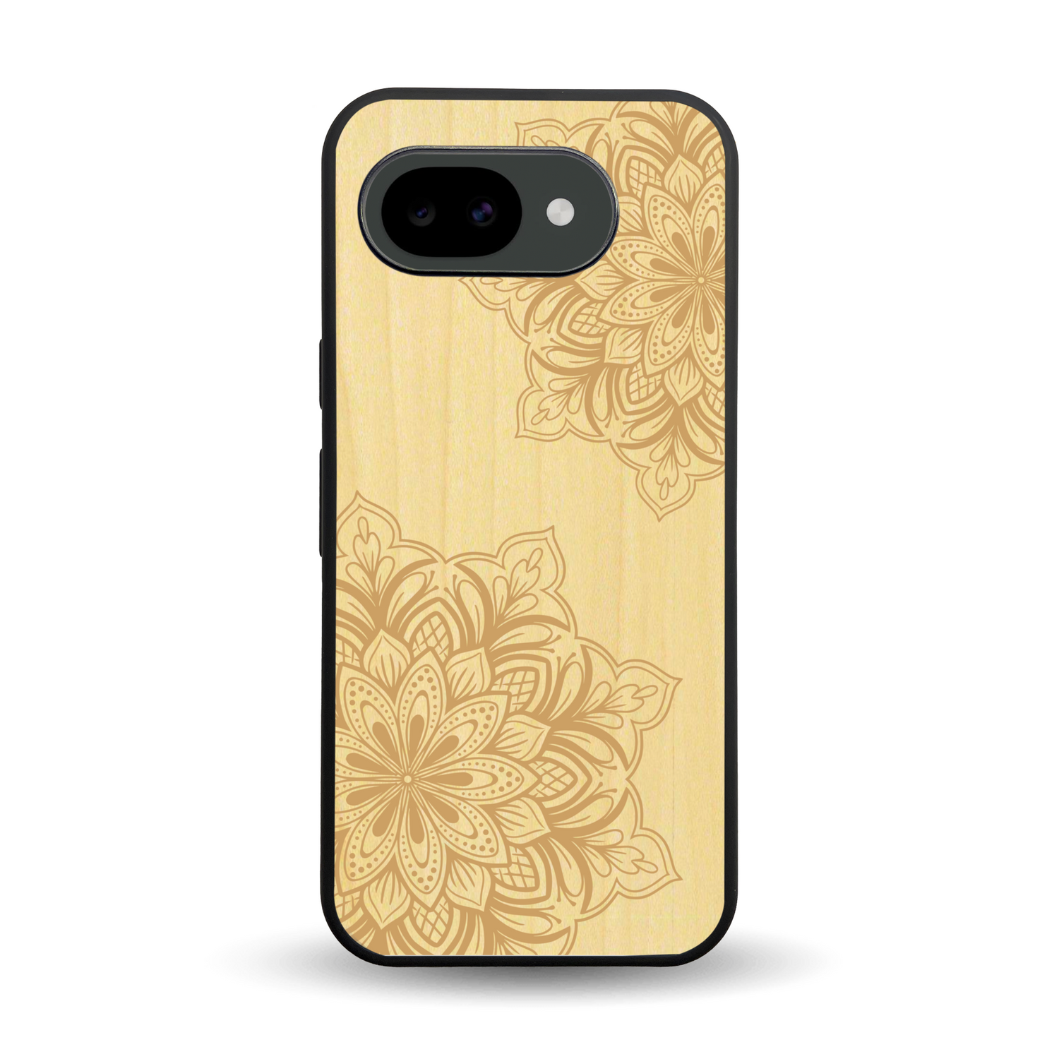 Coque de protection en bois véritable fabriquée en France pour Google Pixel 10A sur le thème de la bohème et du tatouage au henné avec une gravure représentant un mandala