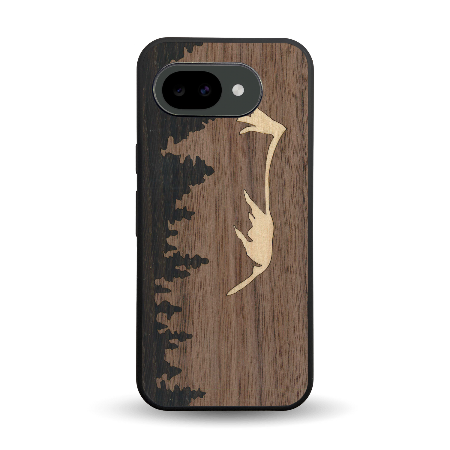 Coque de protection en bois véritable fabriquée en France pour Google Pixel 10A sur le thème de la nature et de la montagne qui allie du chêne fumé, du noyer et du bambou représentant le mont mézenc