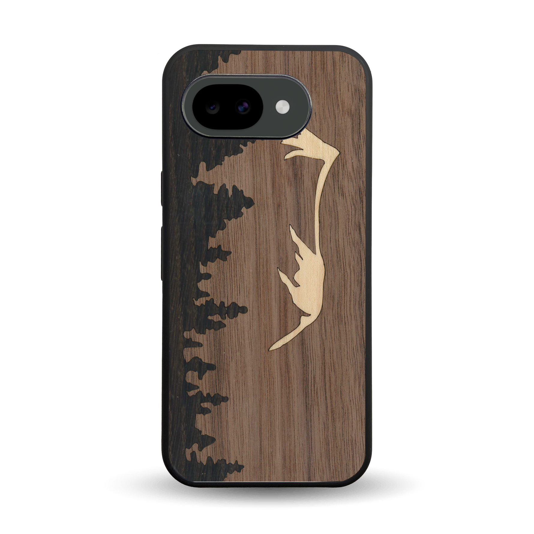 Coque de protection en bois véritable fabriquée en France pour Google Pixel 10A sur le thème de la nature et de la montagne qui allie du chêne fumé, du noyer et du bambou représentant le mont mézenc