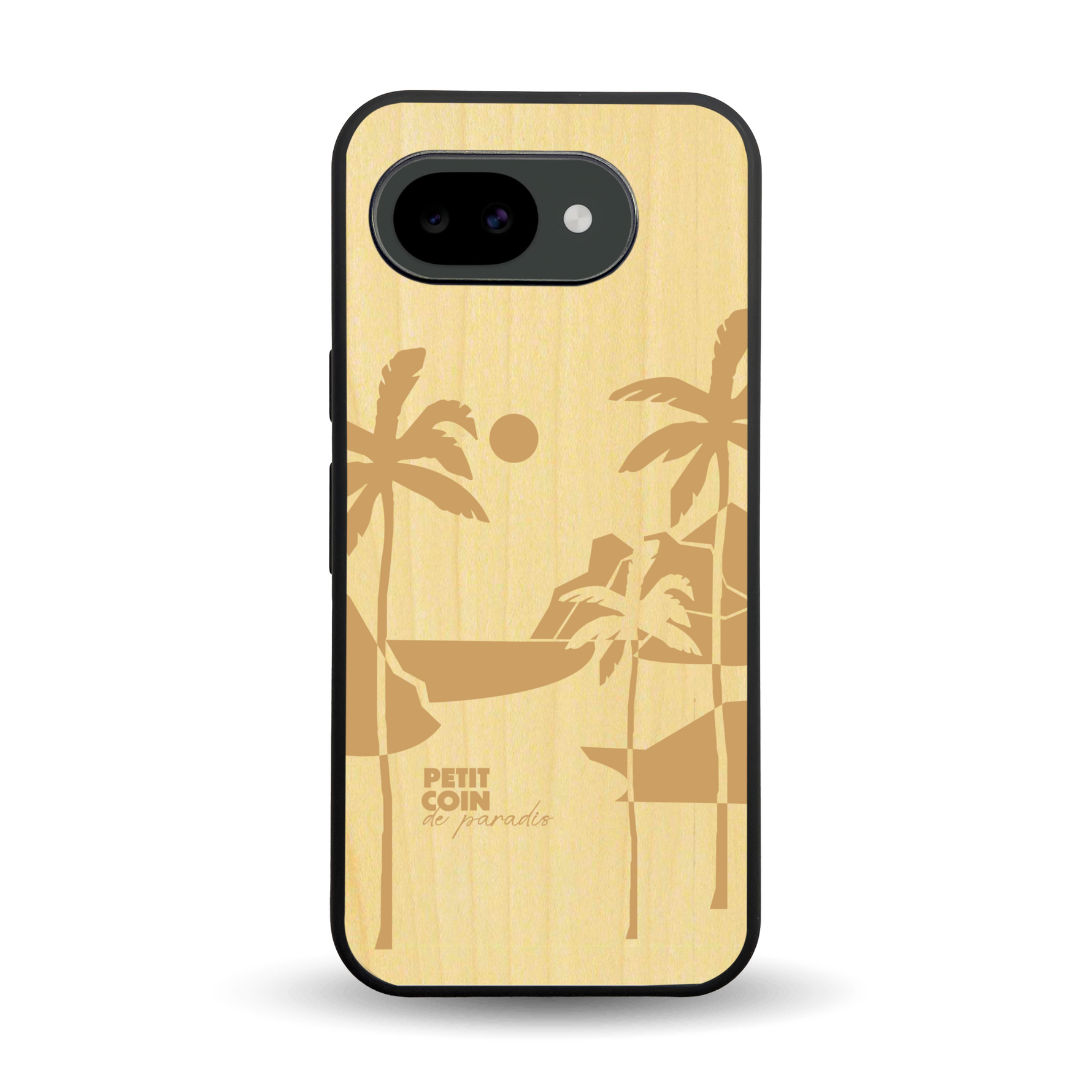 Coque de protection en bois véritable fabriquée en France pour Google Pixel 10A sur le thème des voyages en vans, vanlife et chill avec une gravure représentant un van vw combi devant le soleil couchant sur une plage avec des vagues