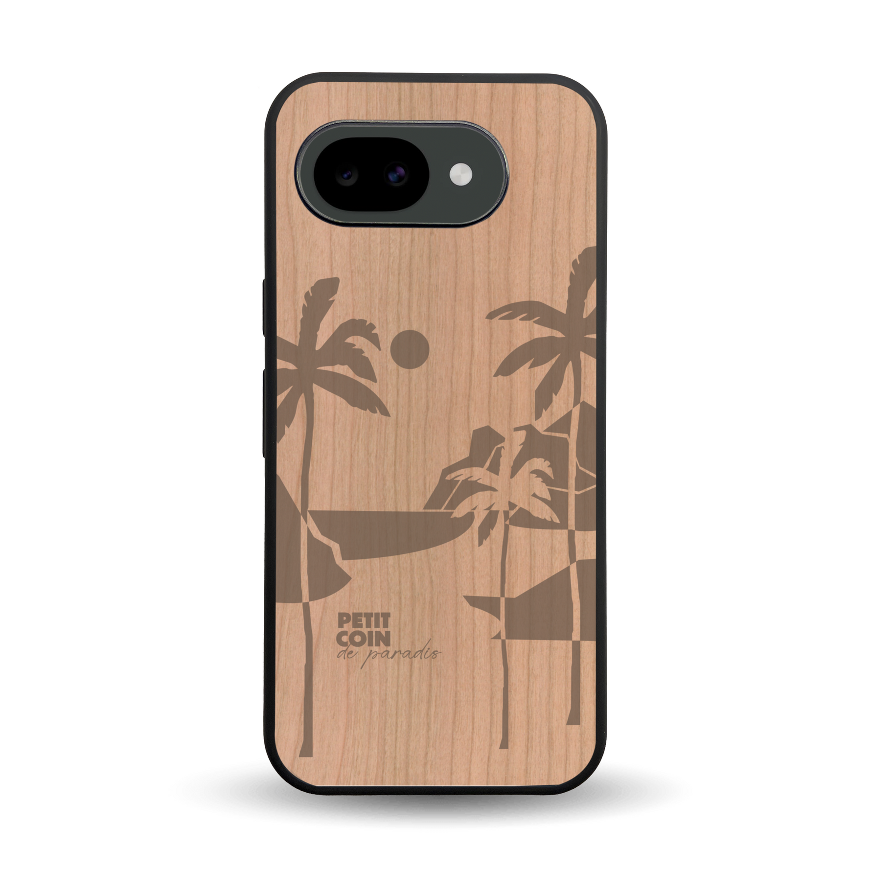 Coque de protection en bois véritable fabriquée en France pour Google Pixel 10A sur le thème des voyages en vans, vanlife et chill avec une gravure représentant un van vw combi devant le soleil couchant sur une plage avec des vagues