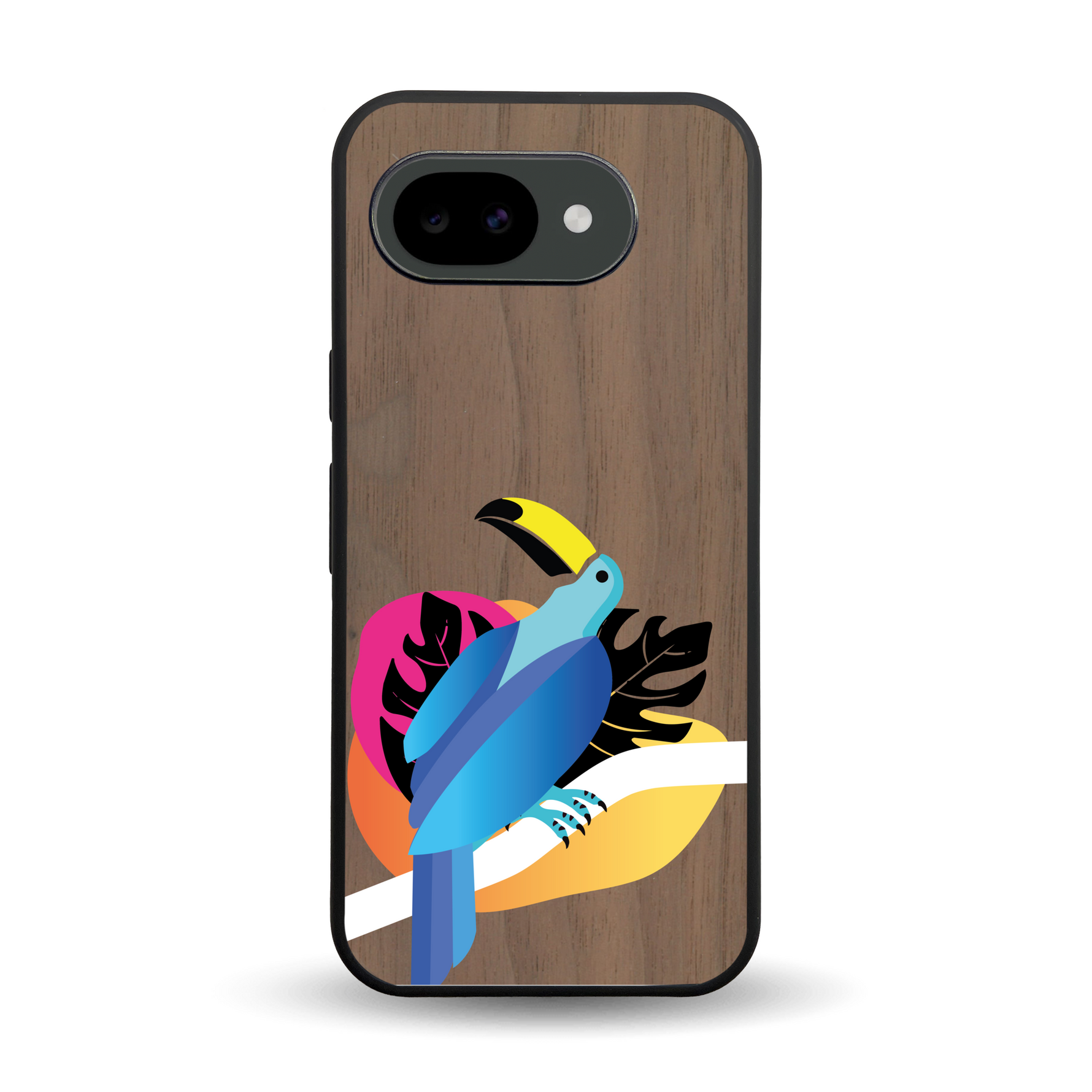 Coque de protection en bois véritable fabriquée en France pour Google Pixel 10A représentant un toucan coloré avec un design moderne et minimaliste sur le thème de la jungle et de la nature